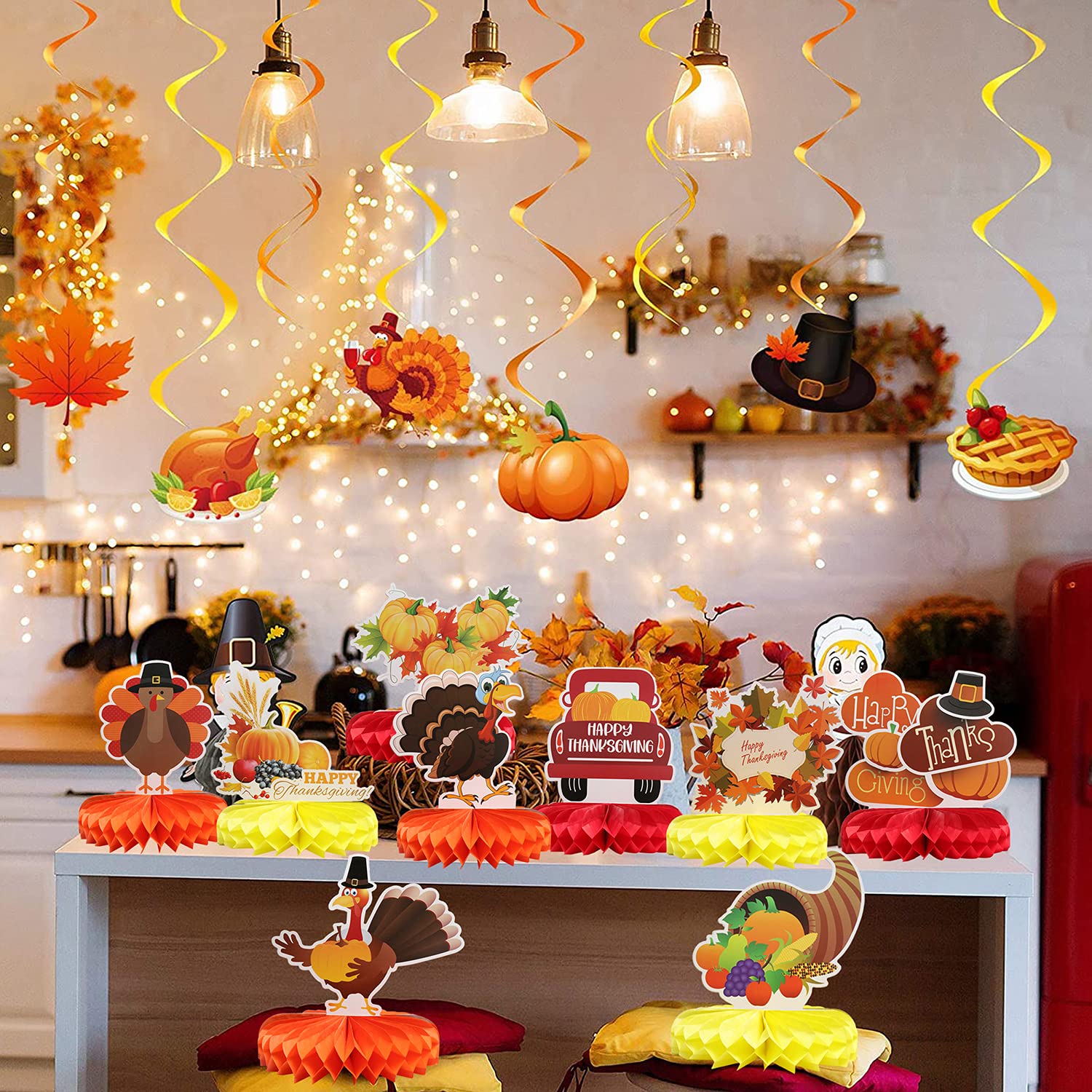 9 Pieces Thanksgiving Honeycomb Centerpiece Turkey Honeycomb Pumpkin Honeycomb Thanksgiving Table Centerpiece for Thanksgiving Table Decoration Autumn