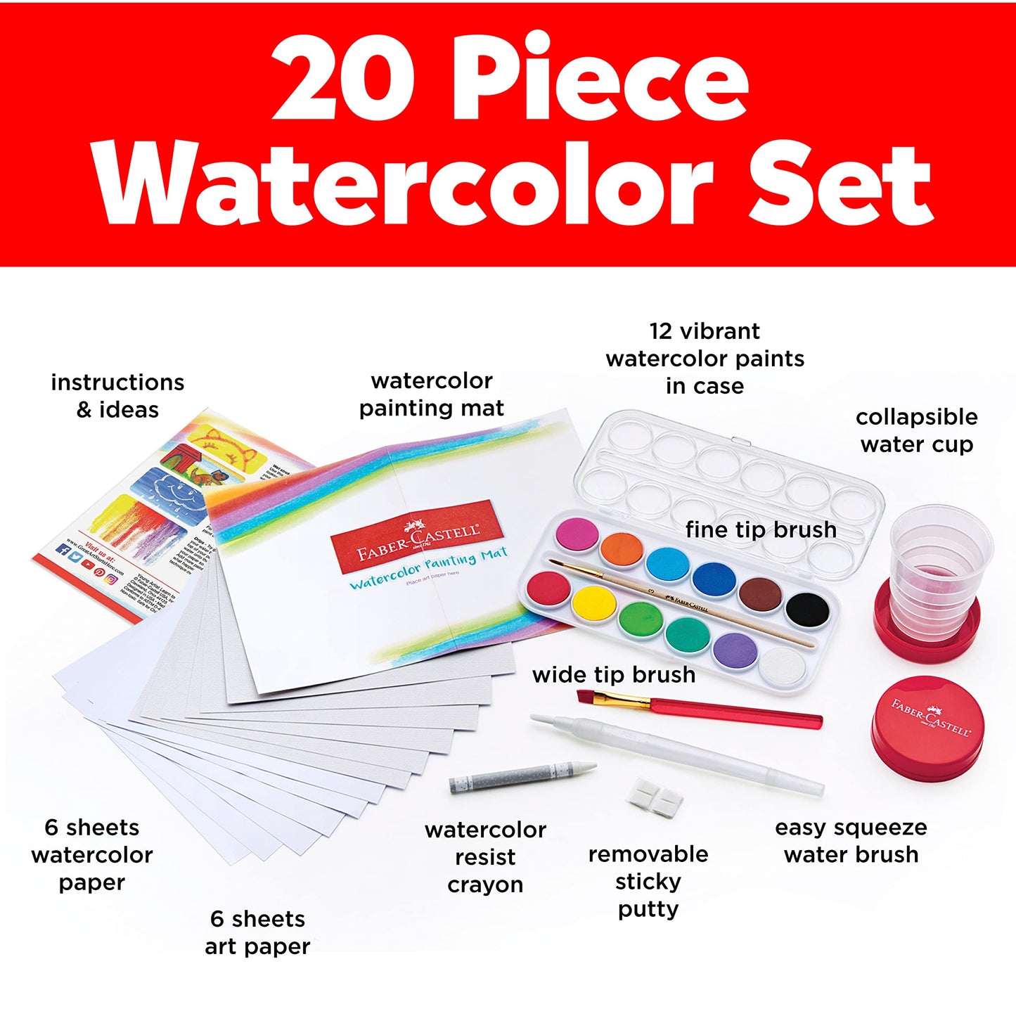 Faber-Castell Young Artist Learn to Watercolor - Watercolor Paint Set for Kids Ages 5+, Kid-friendly and Washable Watercolor Paint (Packaging May