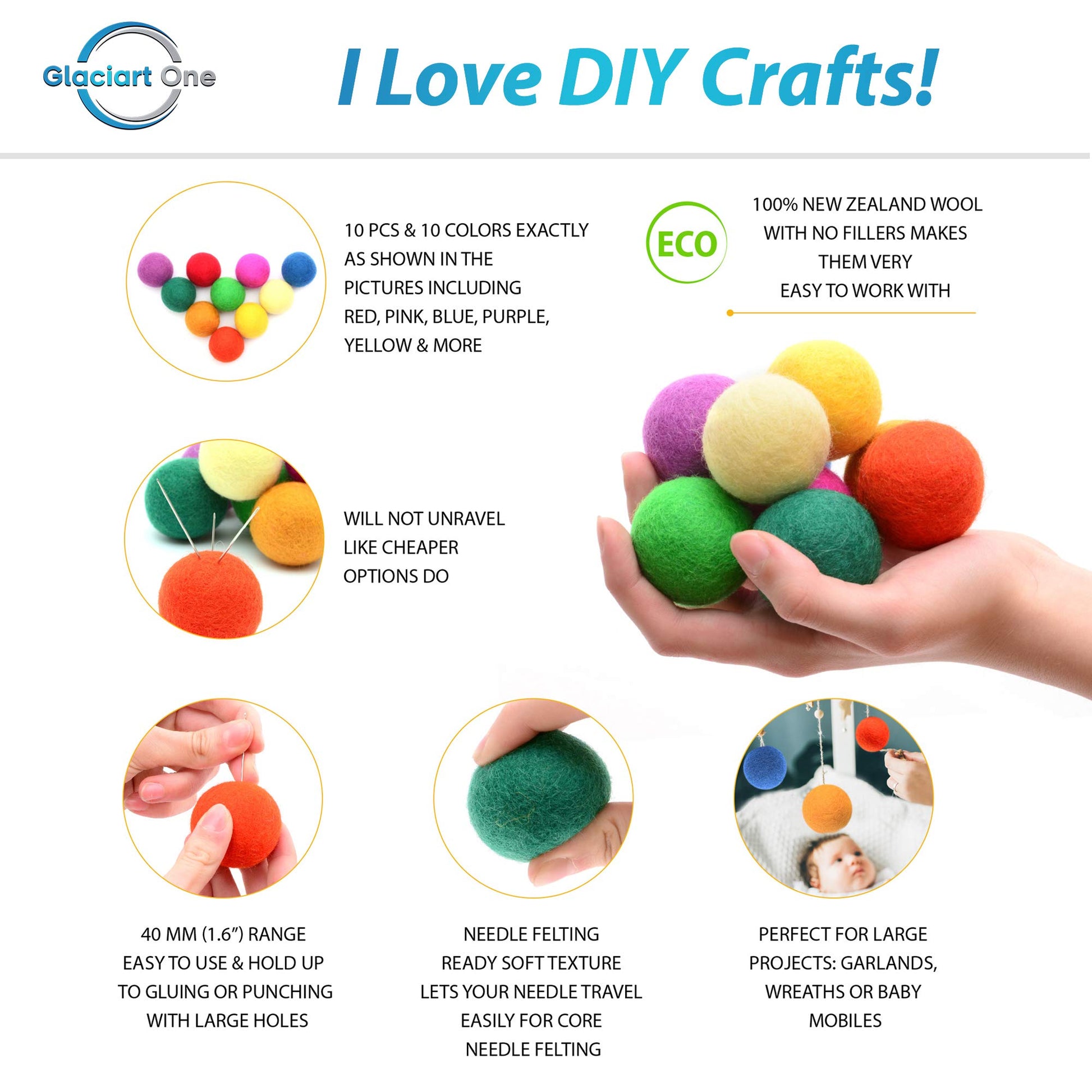 Glaciart One Felt Balls, Wool Pom Poms (10 Pieces) 4 Centimeters - 1.6 Inch, Handmade Felted 10 Colors (Red, Blue, Orange, Yellow, Green, Pink