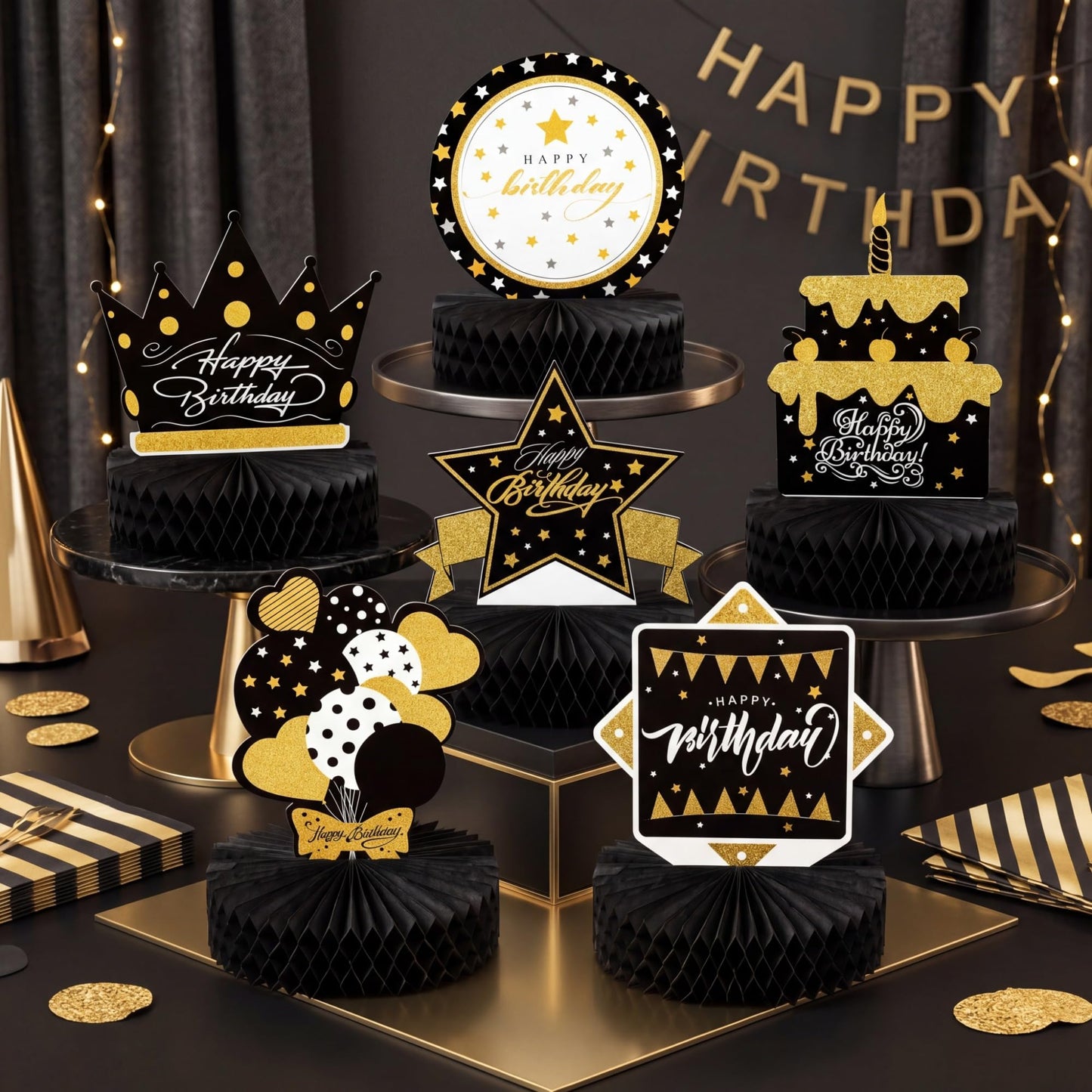 Skylety 6 Pcs Black and Gold Birthday Party Decorations Honeycomb Happy Birthday Centerpieces for Table Reusable Elegant Black Gold Table Toppers