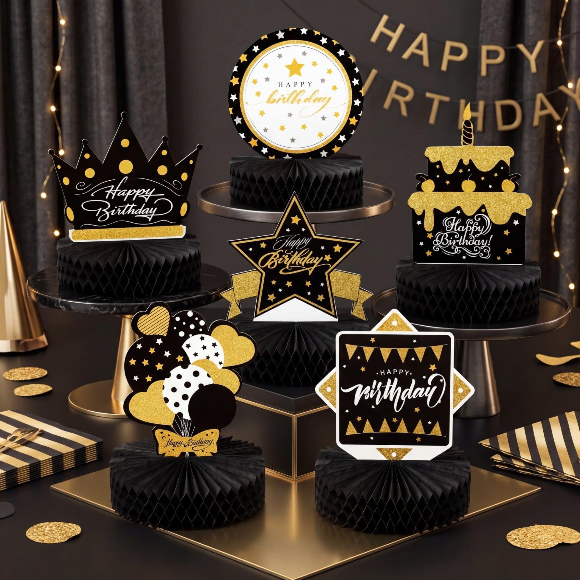 Skylety 6 Pcs Black and Gold Birthday Party Decorations Honeycomb Happy Birthday Centerpieces for Table Reusable Elegant Black Gold Table Toppers