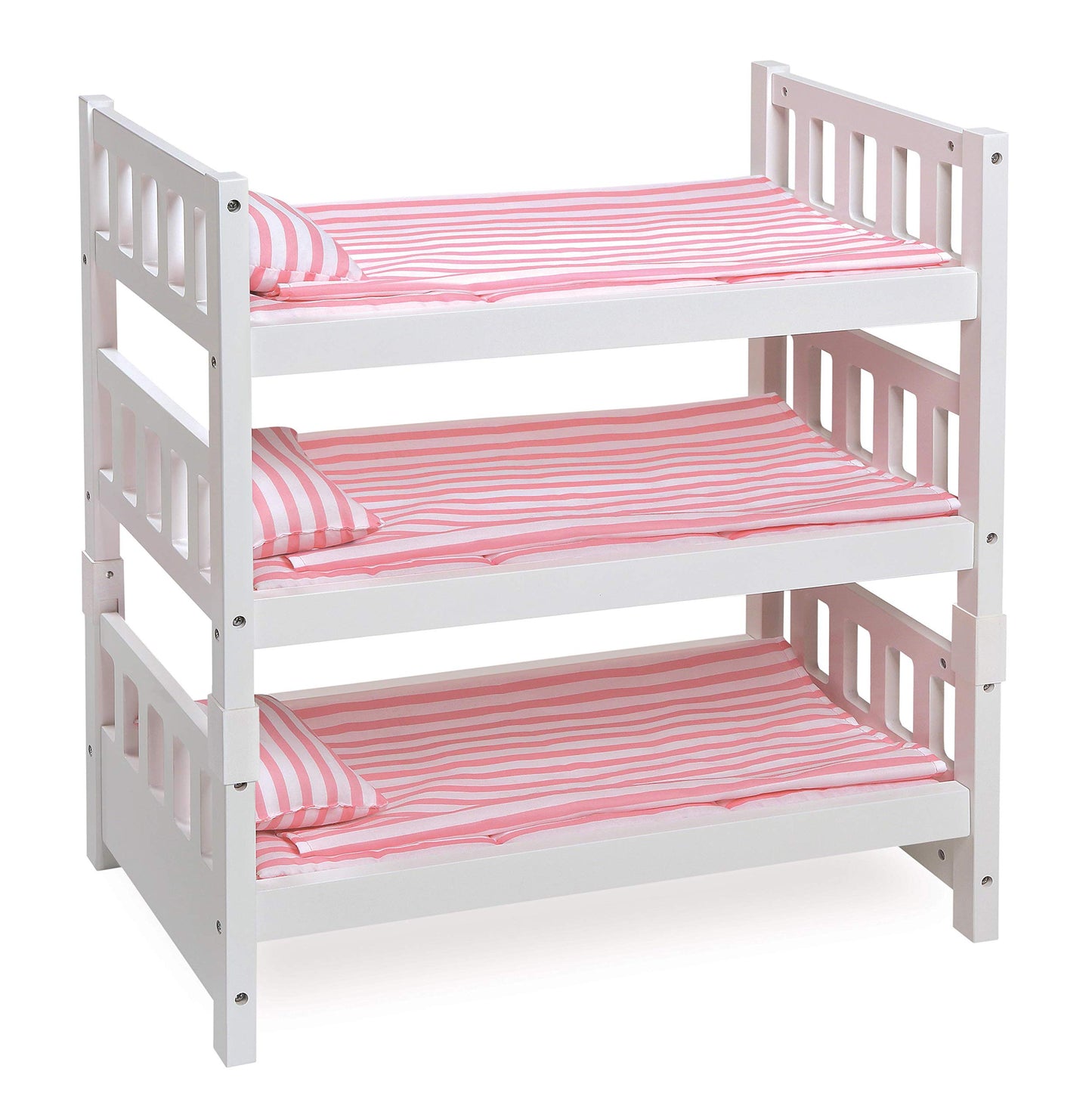 Badger Basket 1-2-3 Convertible Doll Bunk Bed - Pink Stripe Design with Bedding and Personalization Kit - Doll Crib Furniture for 18 to 20 Inch Baby