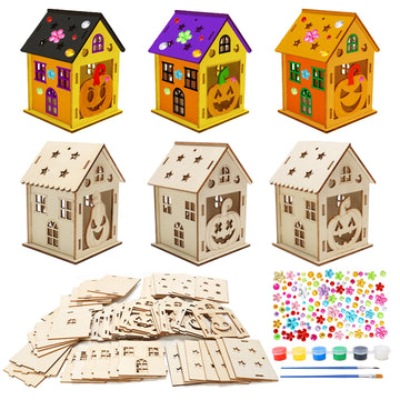 Fennoral 7 Pack Wooden Pumpkin House Craft for Kids - DIY Paint Halloween Art and Craft Project for Halloween Party Decoration