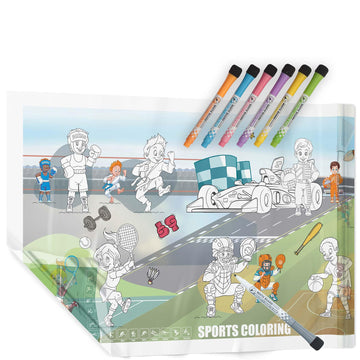 WallJOY Large Dry Erase Coloring Poster - 16x54” Giant Coloring Poster for Kids, Reusable Mess Free Coloring Sheets, Sports Theme, Adhesive-Free