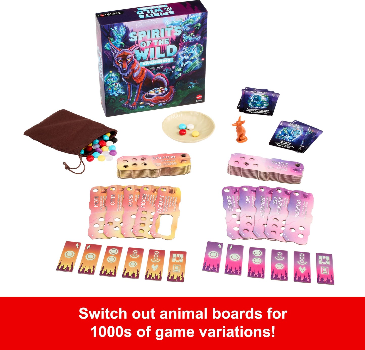 Mattel Games Spirits of the Wild: Awakening Relaxing, Light Strategy Board Game for 2 Players with Stones, Bowl and Coyote Figure