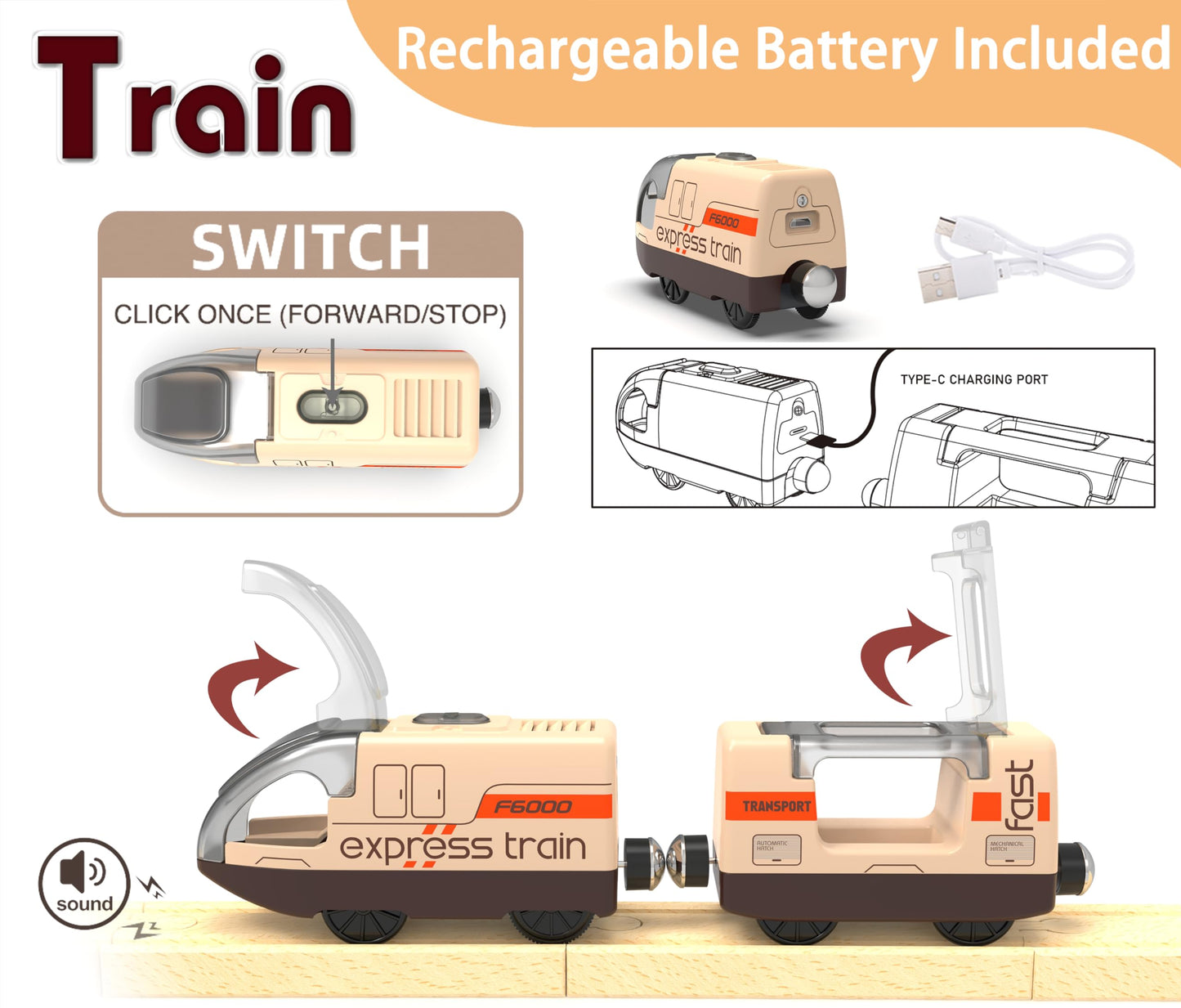 Electric Train for Wooden Track, Remote Control Train Toy, Motorized Train and Tunnel with Voice & Lights Effect, Battery Operated Locomotive Train