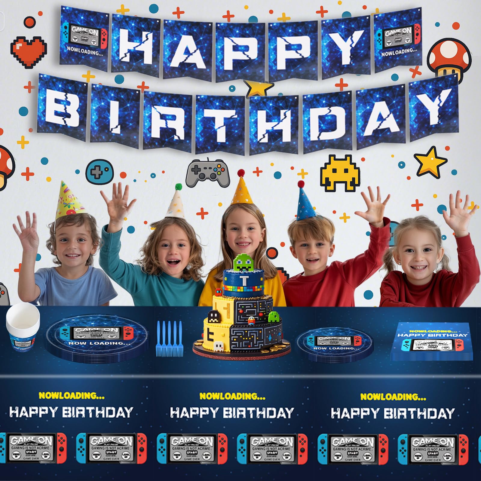 Video Game Party Supplies & Decorations Set for 24 Guests - Birthday Party Plates, Napkins, Cups, Forks, Tablecloth, Banner & Stickers - 123 Pcs