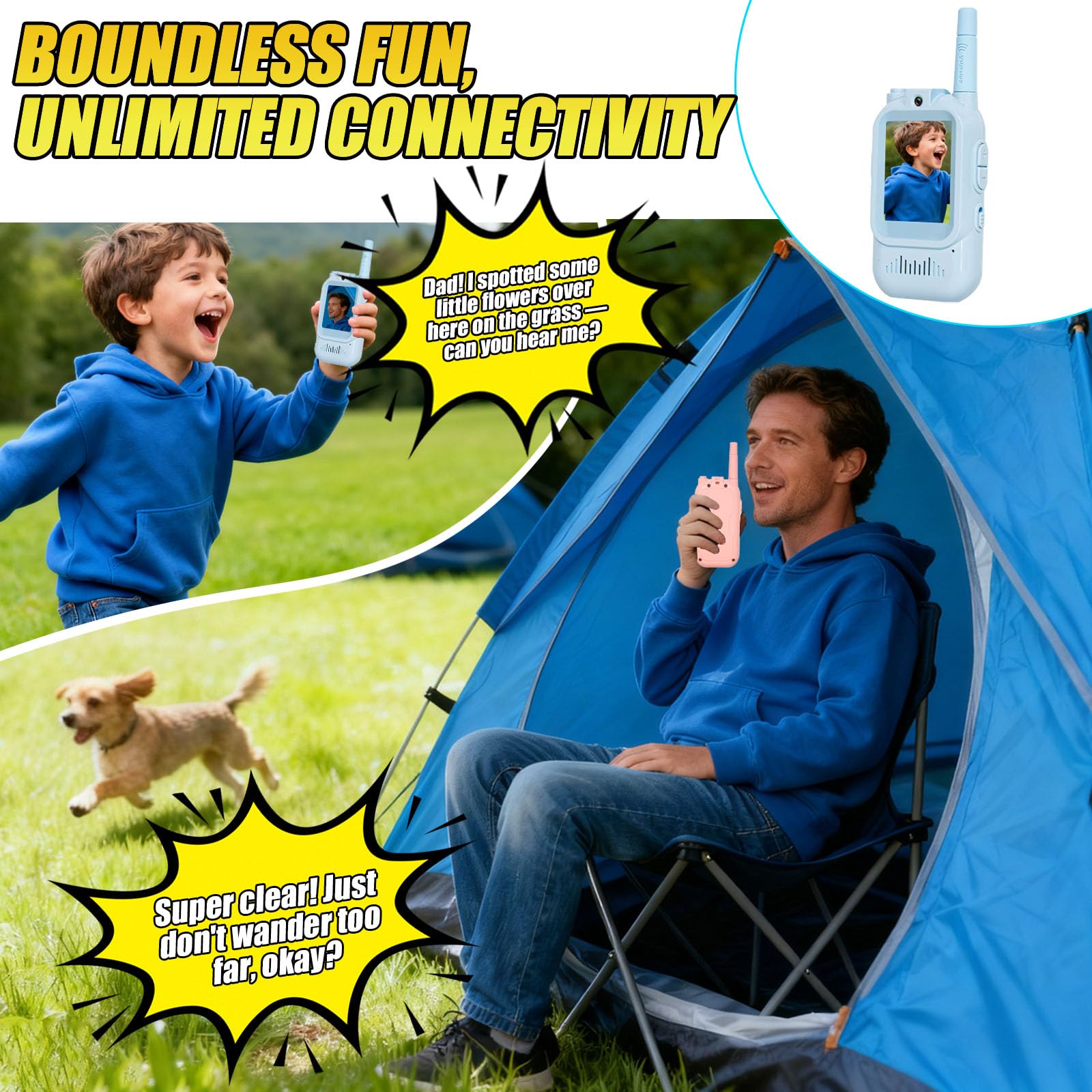 Video Walkie Talkies for Kids Pack of 2, Long Range 2 inch Screen Rechargeable Video Chat Intercom, Indoor Outdoor Voice Effects Toys for Family