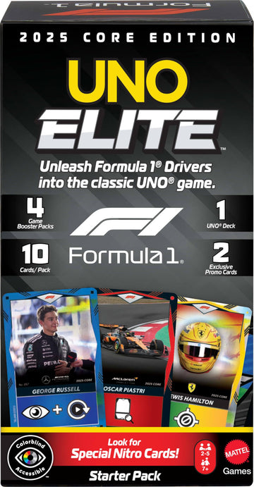 Mattel Games UNO Elite Formula 1 2025 Core Edition Starter Pack Card Game with 4 Game Booster Packs & 2 Promo Cards for Kids, Fans, Families & Game
