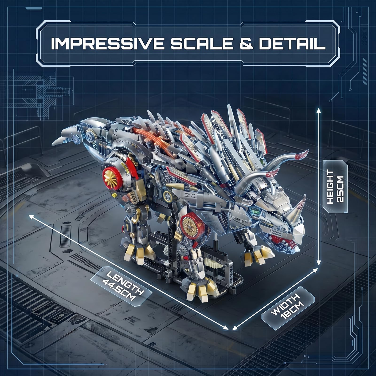 Myth Qholve Mechanical Triceratops Building Set with LED Lights, Display Stand, Movable Linkage Gears, Rotatable Components, Large Scale Collectible