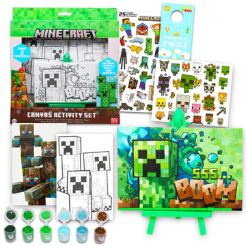 Minecraft Painting Set for Boys - Video Game Art Supplies Bundle with 3 Canvases, Paint, Easel, Stickers, More | Minecraft Arts and Crafts Gifts
