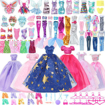 60pcs Doll Clothes and Accessories Fashion Dress Wedding Gowns, Daily Tops Pants Outfits Jumpsuit Swimsuits Bikini, 10 Mini Dresses Skirts, Shoes