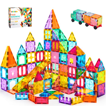OugerToy 104PCS Magnetic Tiles STEM Building Blocks for Kids Ages 3-9, Educational Stacking Toys with Car Bases, Creative Construction Gift for Boys