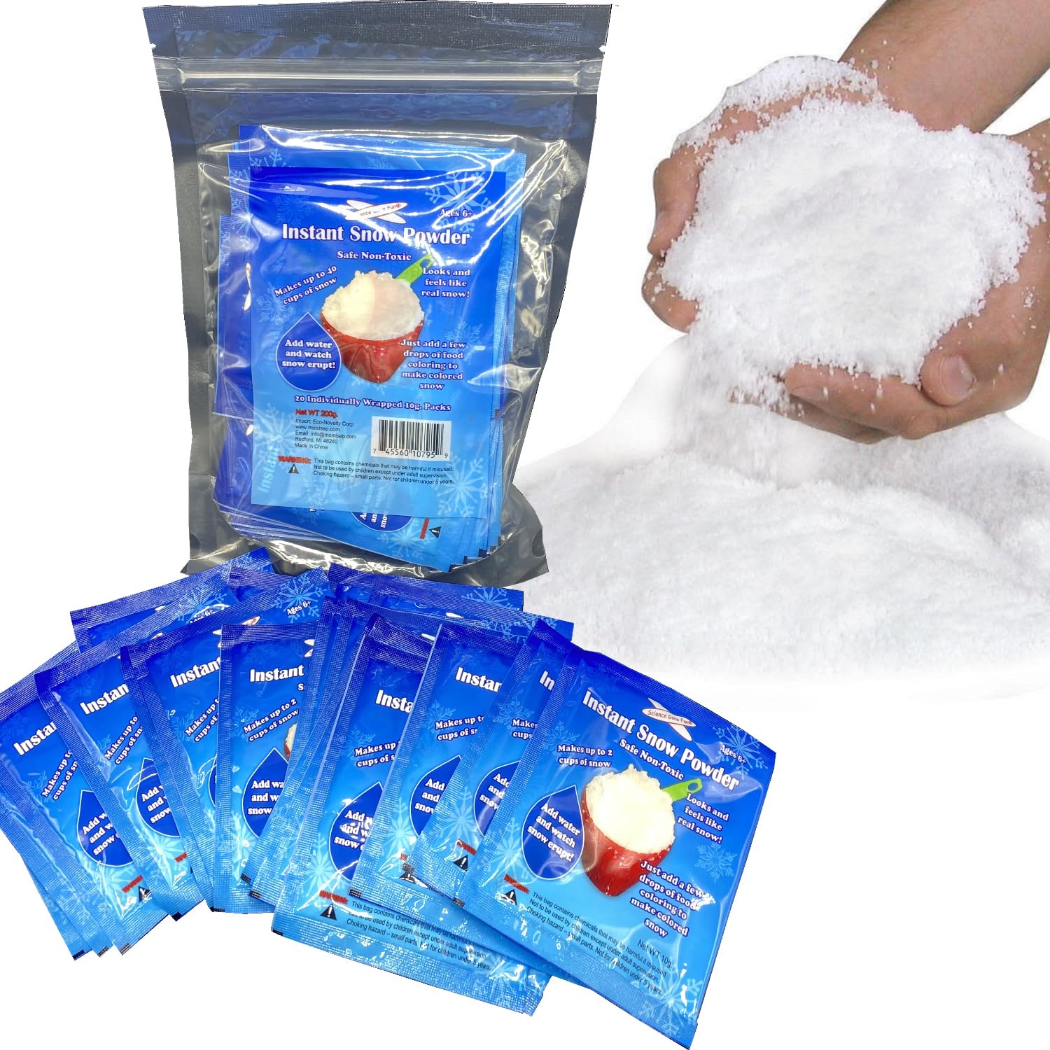 Science Gone Fun 20-Pack Instant Snow Powder for Kids - Makes 40 Cups of Fluffy Fake Snow - Just Add Water! Perfect for Cloud Slime, Sensory Play,