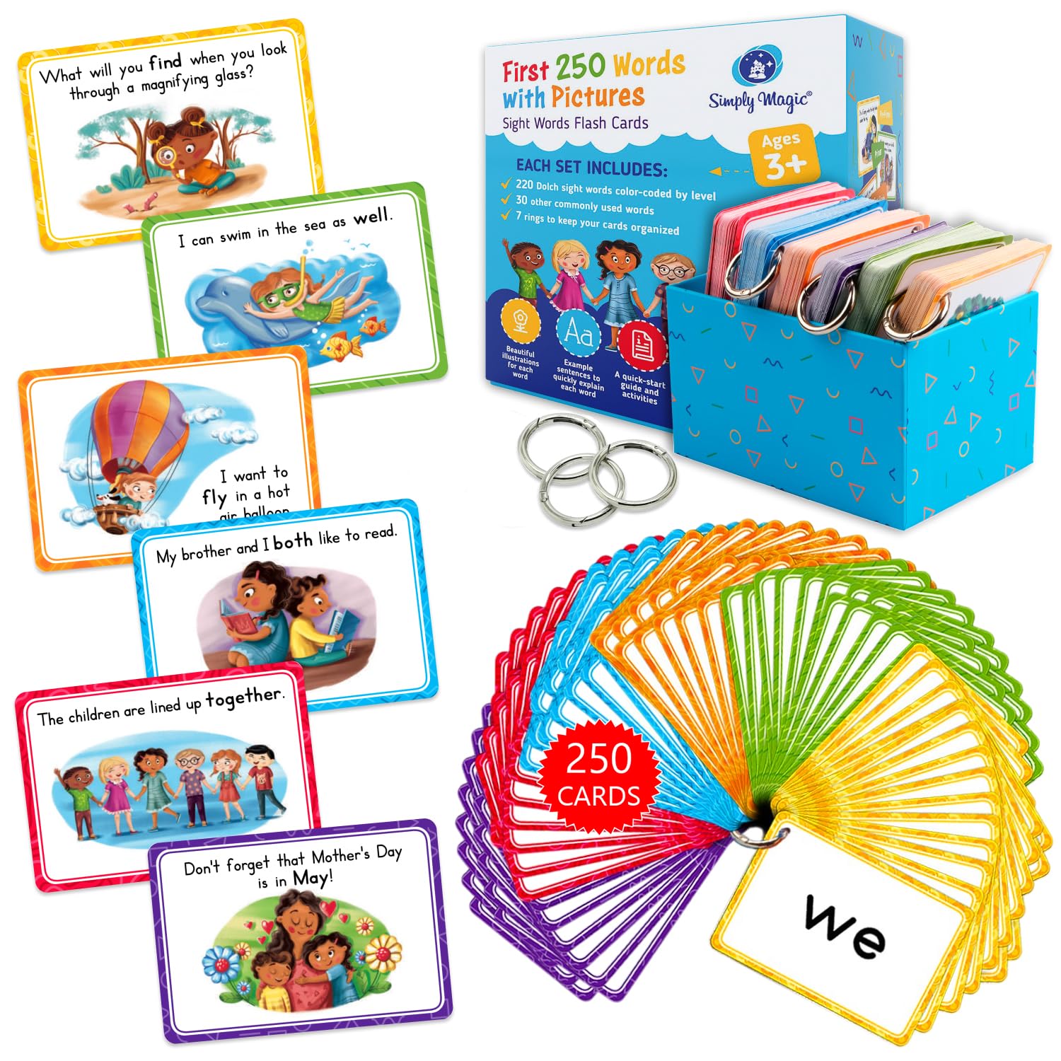 250 Sight Words Flash Cards for Kindergarten with Pictures, Dolch Sight Words Pre-K for Toddlers 3 4 5 6 7 8 Years, High Frequency Words Reading Cards