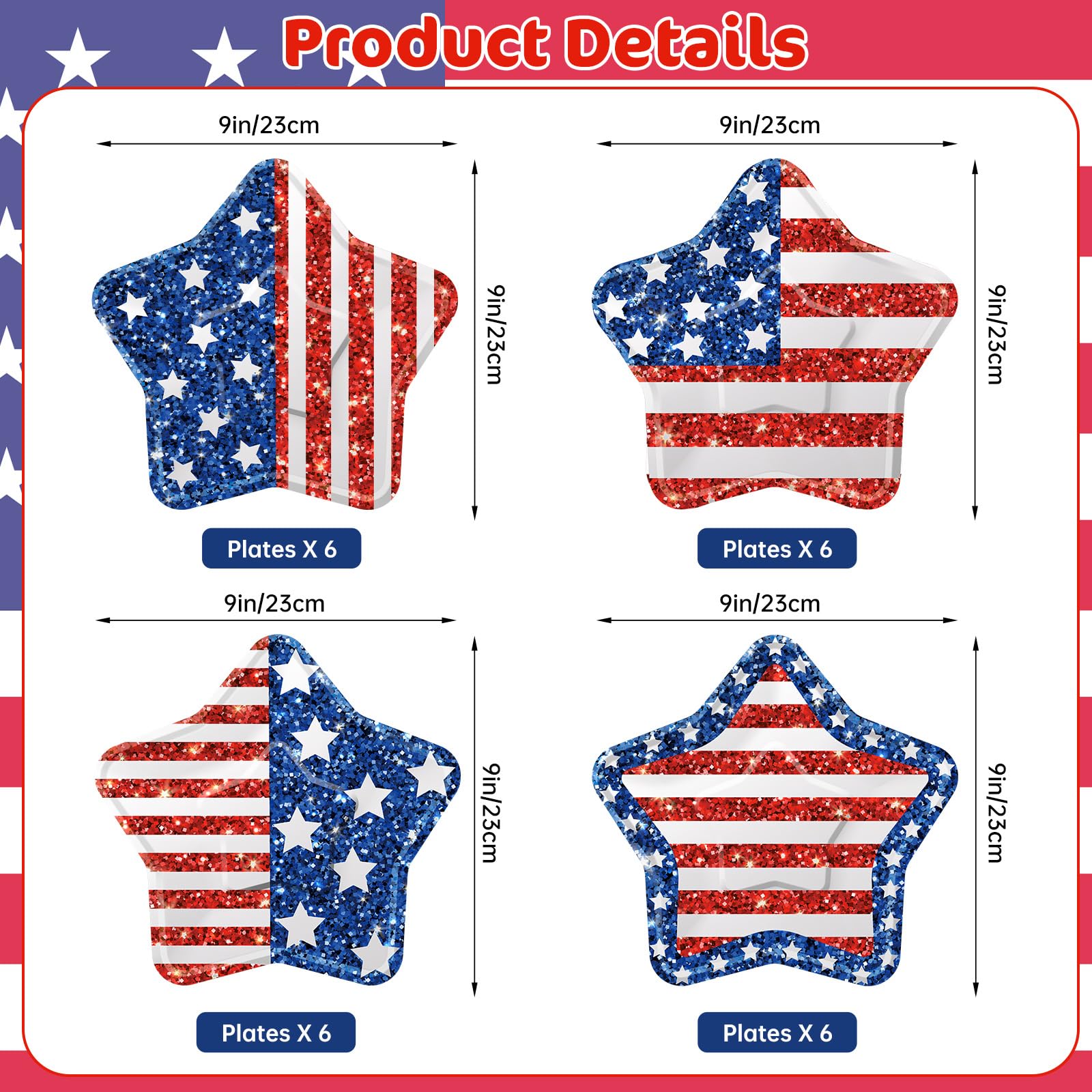 24 Pcs 4th of July Paper Plates - American Flag Patriotic Plate, Disposable Red White and Blue Star Shaped Dinner Dessert Plates Tableware for July