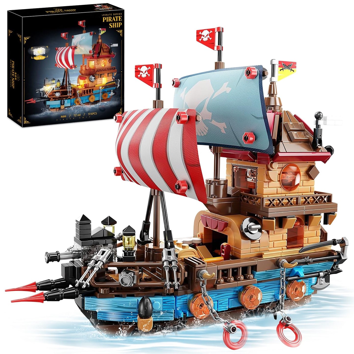 Vziimo Pirate Ship Building Sets with Lights, Creative Model Ship Boat Pirate Themed Toys Building Kits for Home Decor, 916 Pieces Christmas Birthday