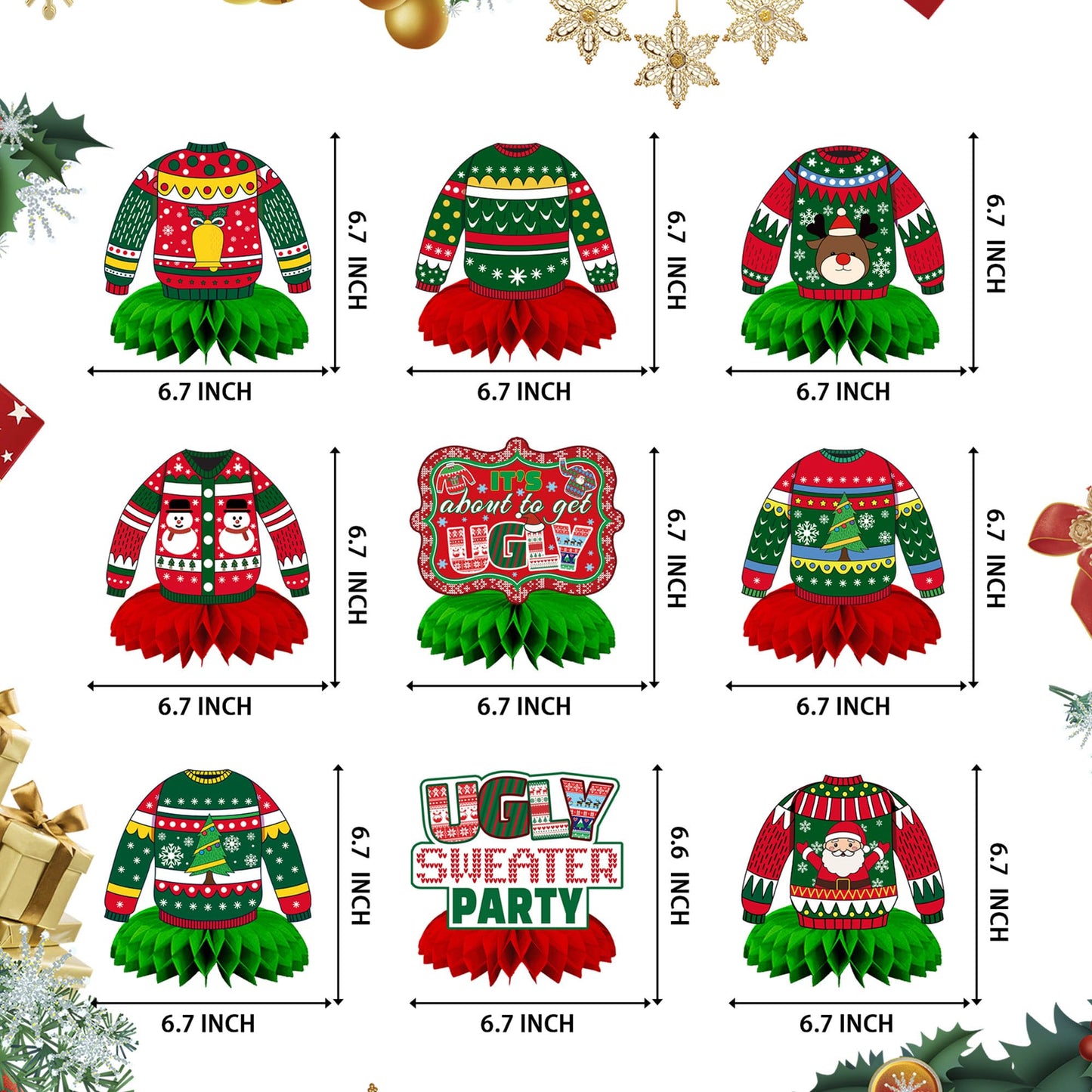 CUUSNNY 9 Pcs Ugly Sweater Party Decorations Honeycomb Centerpiece