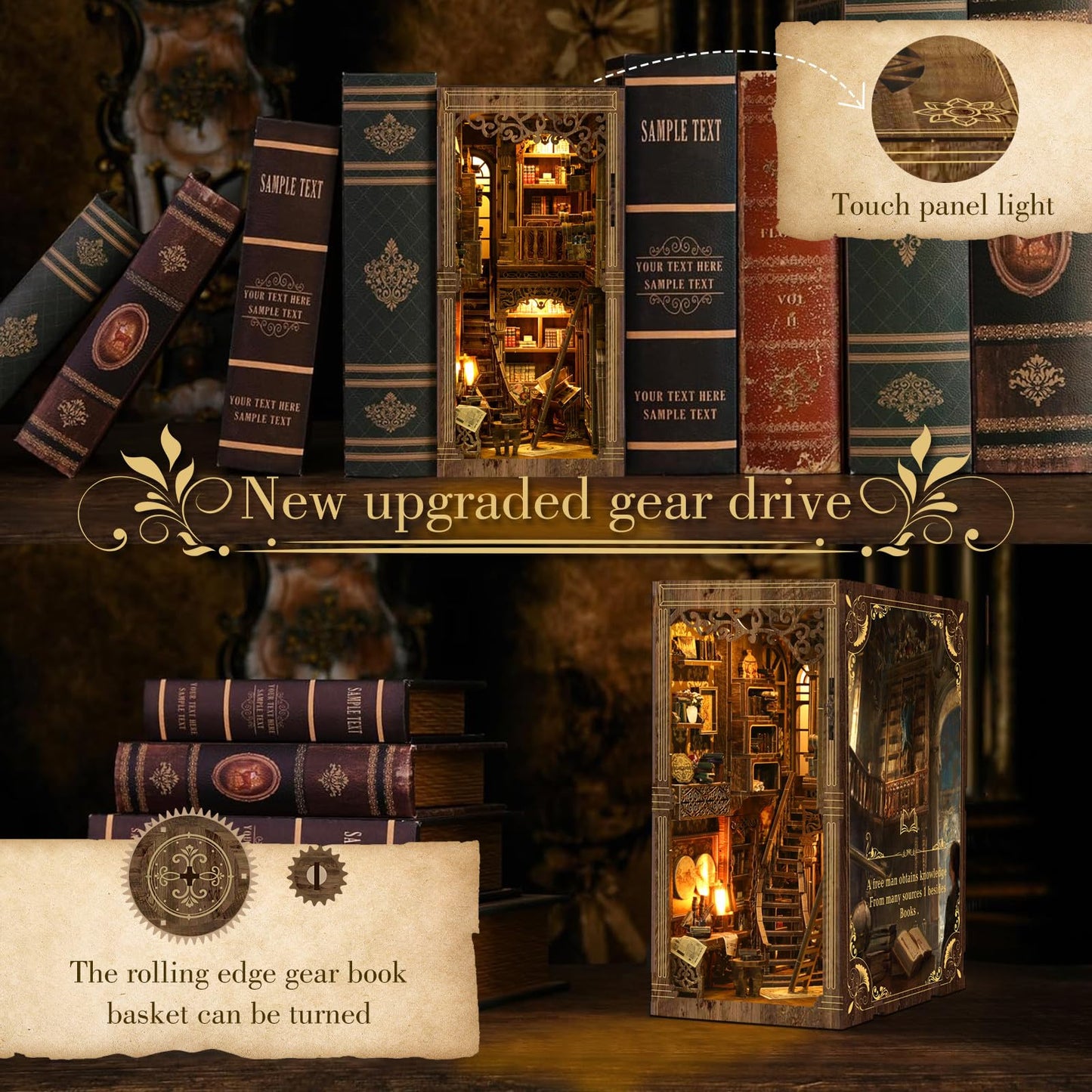 Book Nook Kit - (Classic Edition) - DIY Miniature Wooden Puzzle | Vintage Book Collection Room with LED Lights | 3D Dollhouse Bookend for Bookshelf