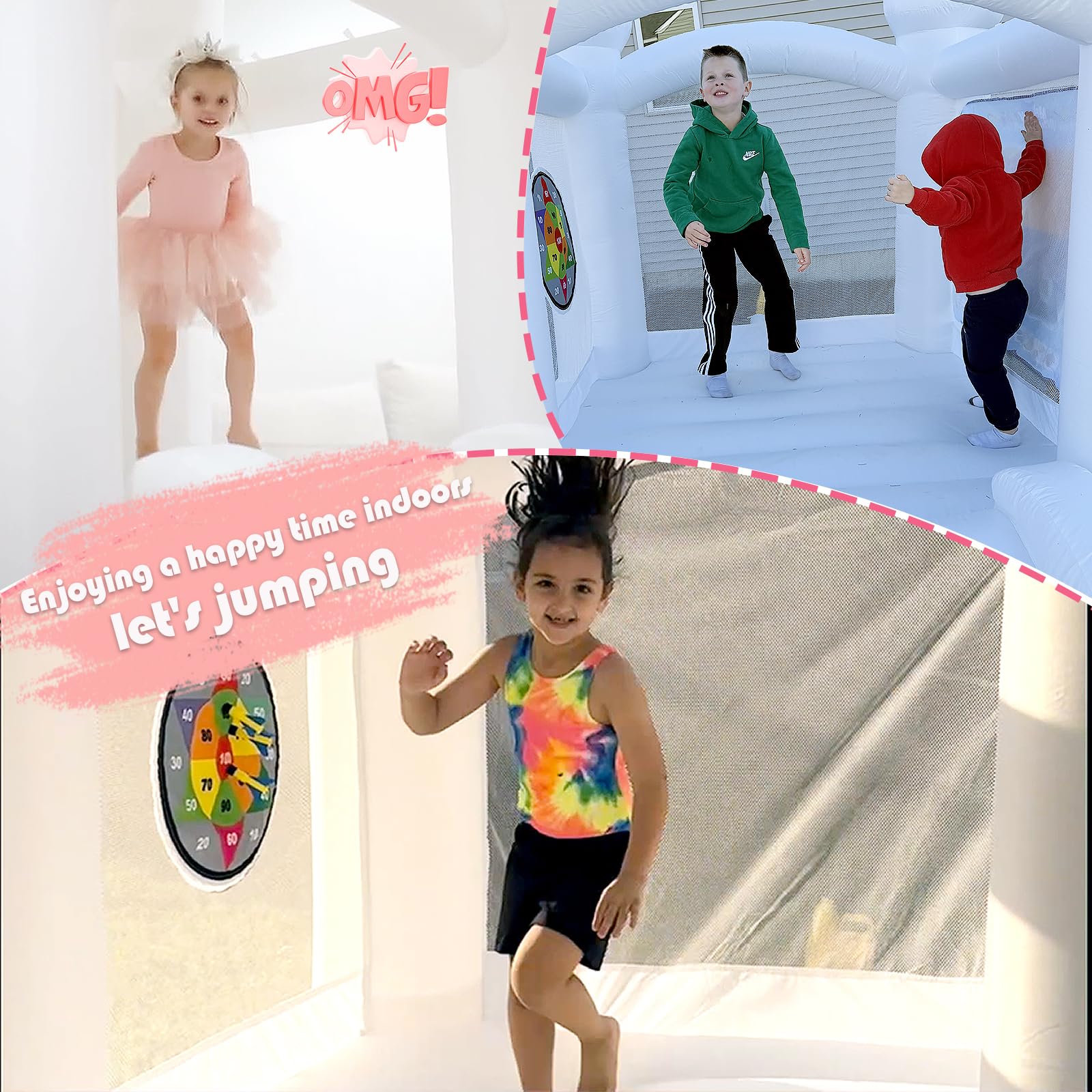 White Inflatable Bounce House for Kids, Blow Up Backyard Bouncy Castle with Slide, Water Doodle Mat, Basketball Hoop, Target & Balloons (White Bounce