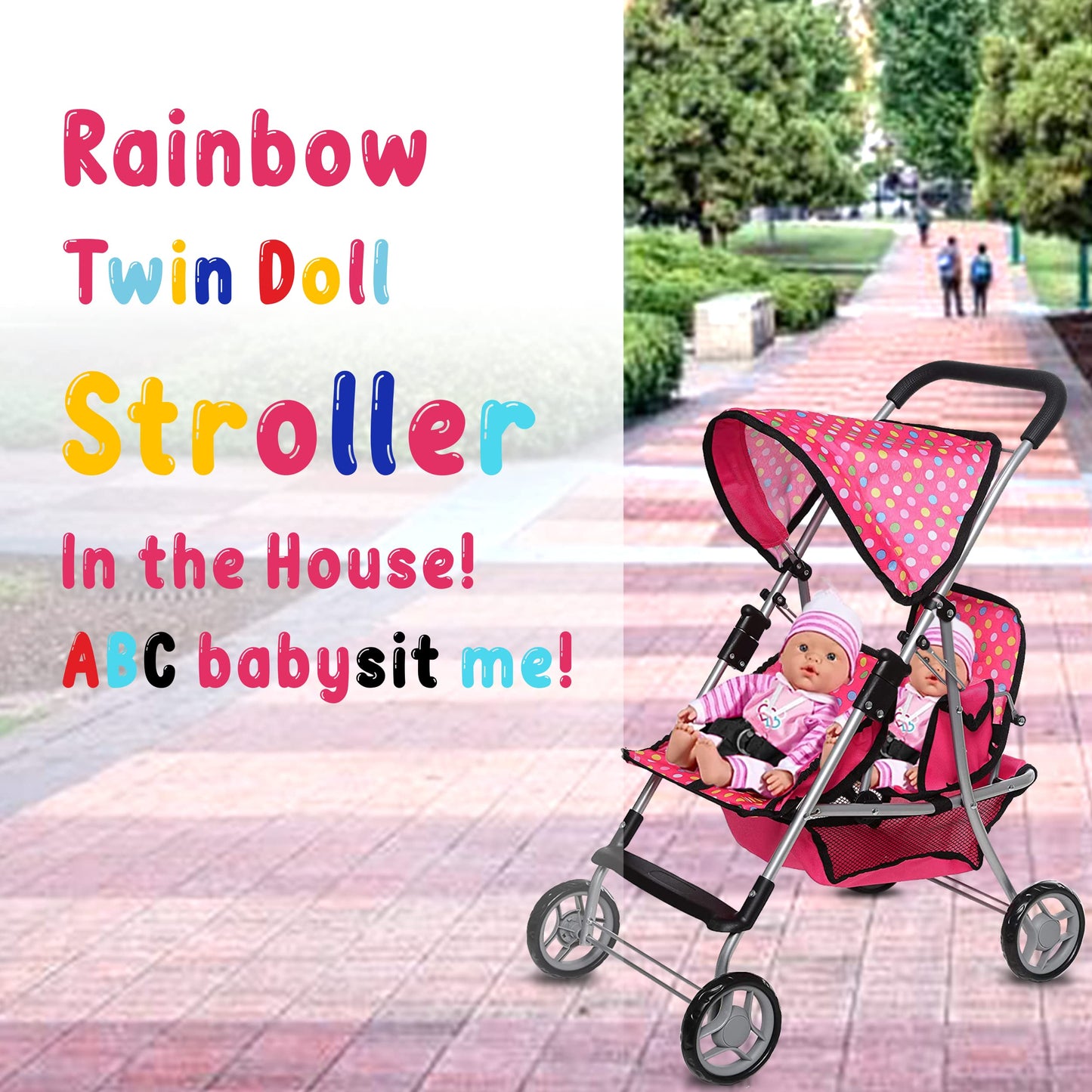 Twin Doll Stroller - Pretend Play Stroller for Dolls - Toy Stroller with Storage Basket for Baby Doll Accessories Set