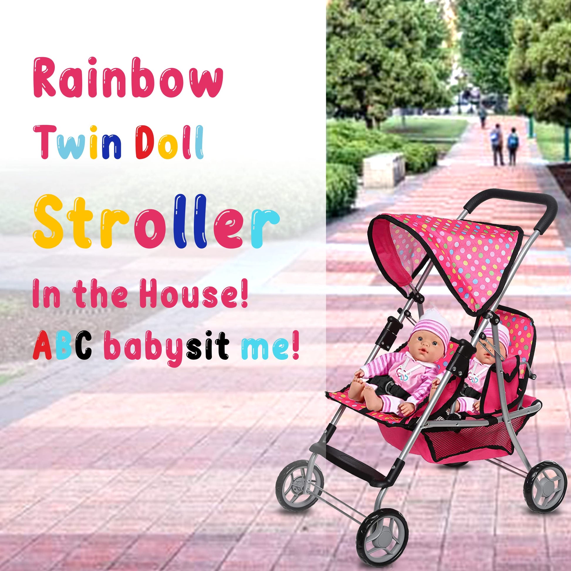 Twin Doll Stroller - Pretend Play Stroller for Dolls - Toy Stroller with Storage Basket for Baby Doll Accessories Set