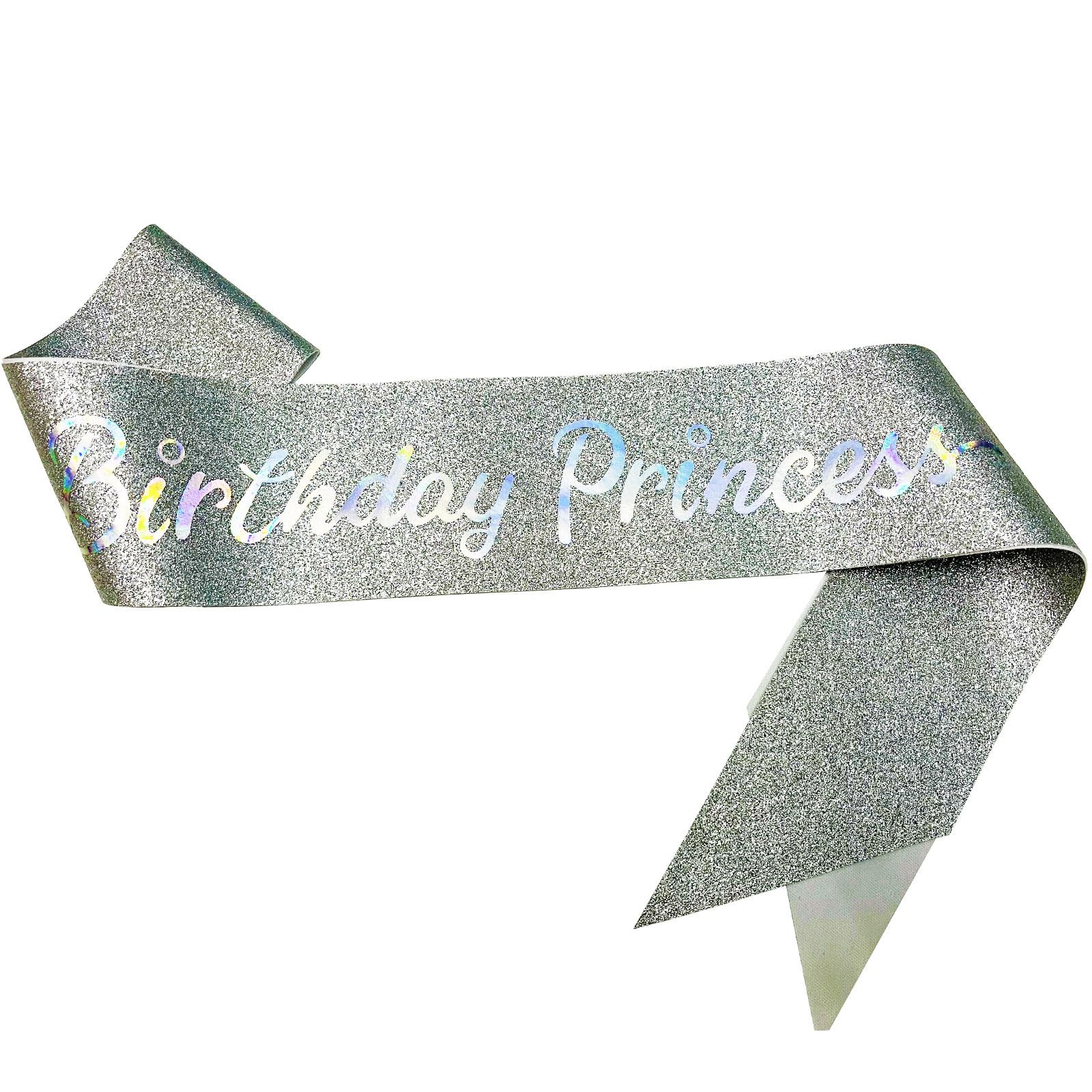 NAUXIUDSJS Birthday Sash for Women, Birthday Princess Glitter Silver Sash with Multi color Foil, Party Favors Supplies for 18th 21st 30th 40th 50th