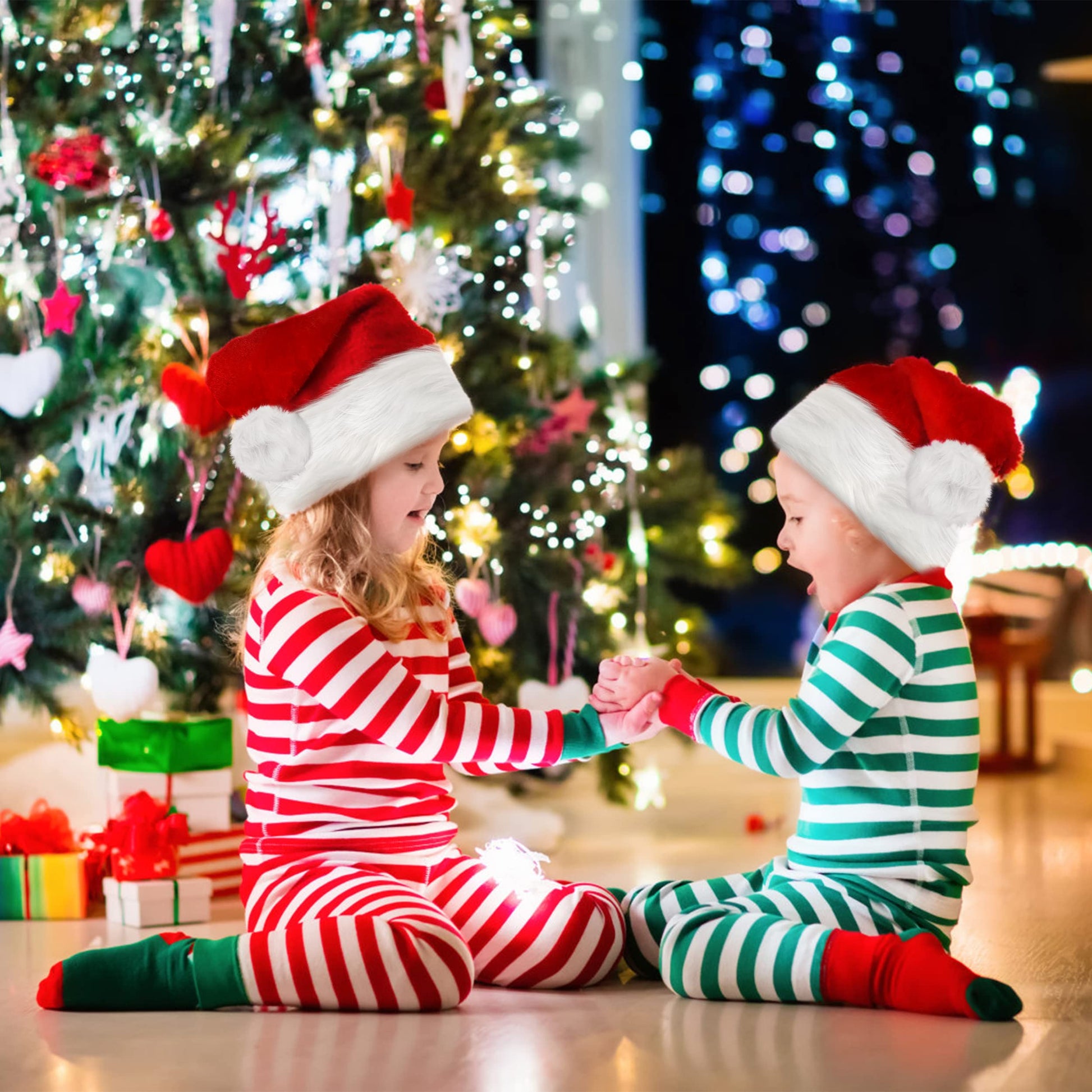 kortes 2 Pack Plush Kids Santa Hat, Unisex Christmas Hats Classic Velvet Fabric Comfort Double Line Plush Santa Hat for Kids Children Toddler New Year