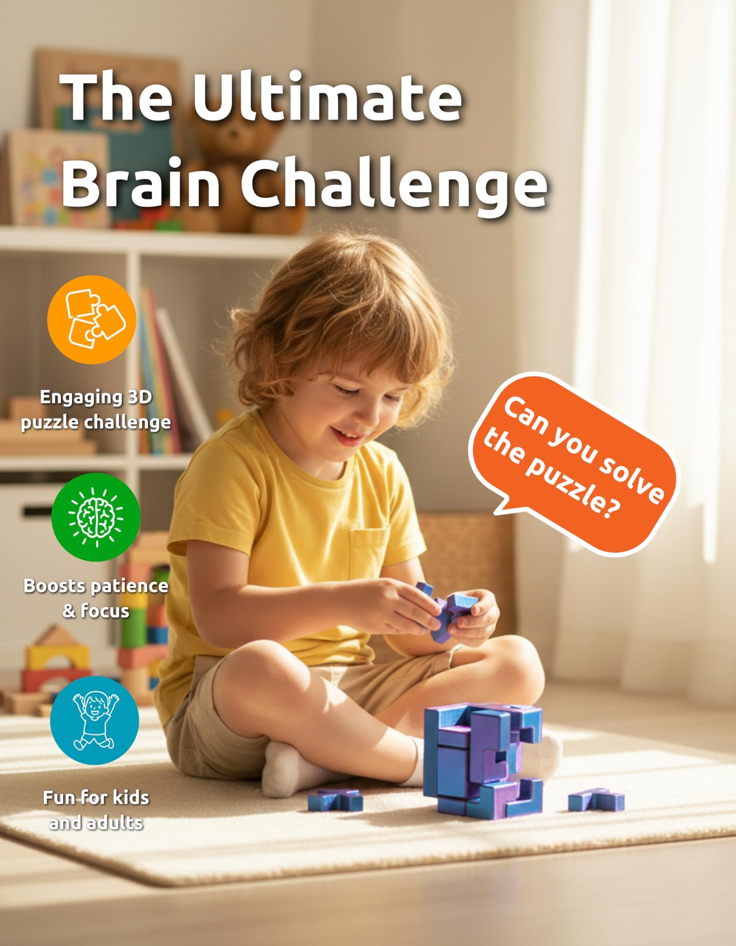 Interlocking Cube Brain Teaser Puzzle for Kids and Adults, Pocket Size 1.77 Inch Dual Color Blue and Purple Logic Challenge, Screen Free Focus Toy