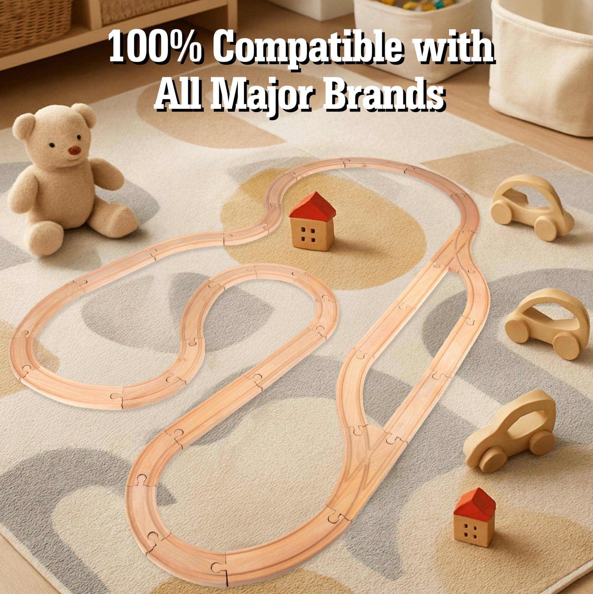 Wooden Train Track 52 Piece Set-18 Feet Of Track Expansion - 5 Distinct Pieces - 100% Compatible with All Major Brands Including Thomas Wooden Railway
