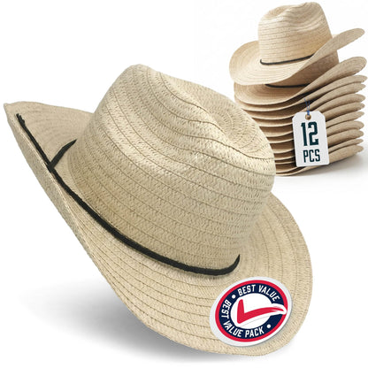 Podzly Straw Cowboy Hats 12 Pack - 24" Circumference Western Style - Plain