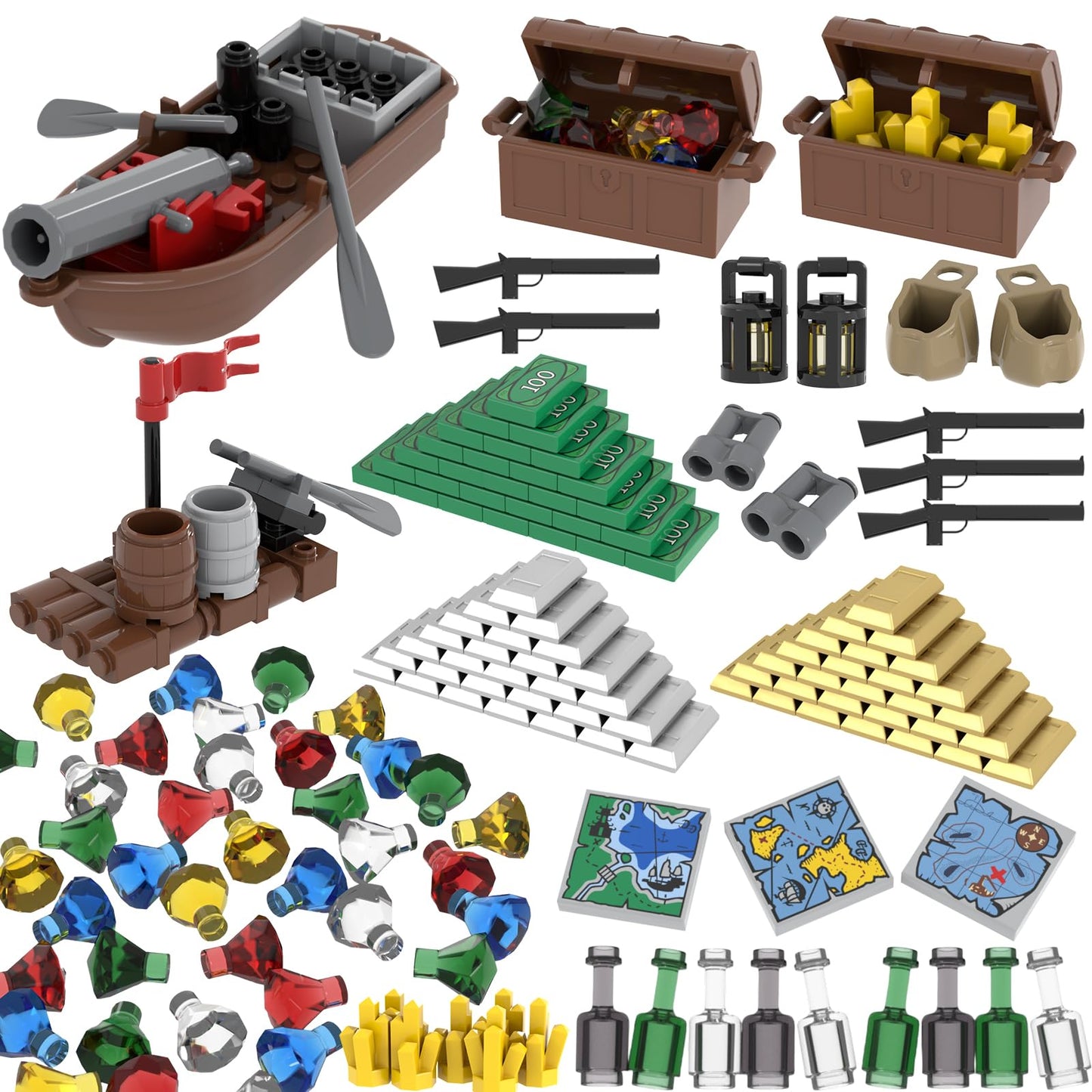 LANMANUO 221 PCS Money Bank Building Block, Pirate Ships Maps Treasure Chest City 100 Dollar Jewel Gems Diamonds Gold Bar Coins Bricks Pieces