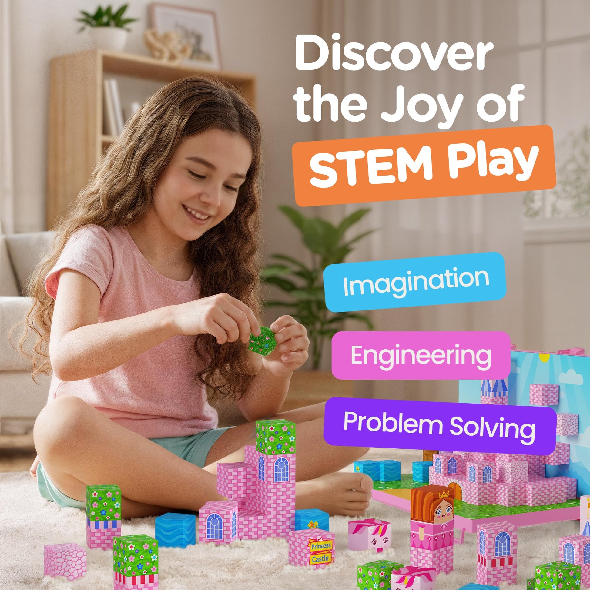 Magnetic Building Blocks for Kids with Magnetic Storage Board - Princess Castle Magnet Cubes Toy Building Set - Gift-Ready 84-Piece Pixy Stacking STEM