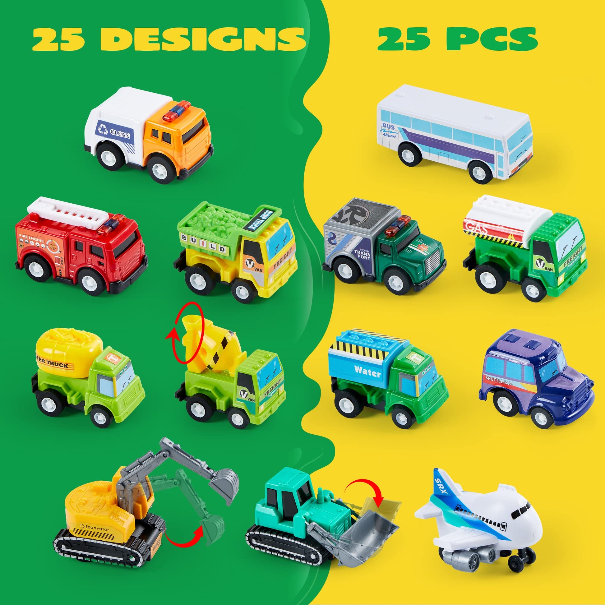 JOYIN 25 Pieces Pull Back Cars and Trucks Toy Vehicles Set for Toddlers, Girls and Boys Kids Play Set, Party Favors, School Gifts, Goodie Bags