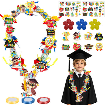 Silkovahamd Kindergarten Graduation Leis 2026 - Candy Lei Making Kit, 6 Clear Candy Tubing Bags 18 Paper Cards 3 Ribbon Rolls 6 Pack Stickers 48