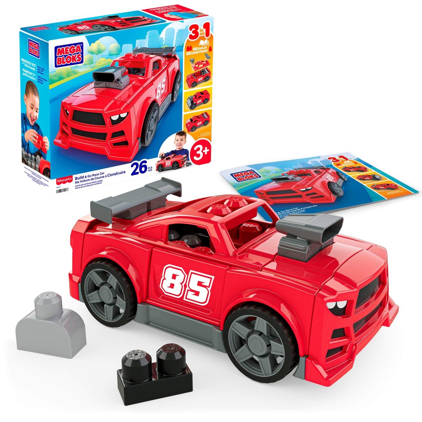 MEGA BLOKS Fisher-Price 3-in-1 Build & Go Race Car Block Toy
