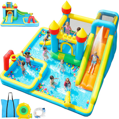 Inflatable Water Slide Bounce House for Kids, 11-in-1 Blow Up Water Park with Long Slide,Basketball Hoop,Splash Pool,Deep Pool, Water Play Center