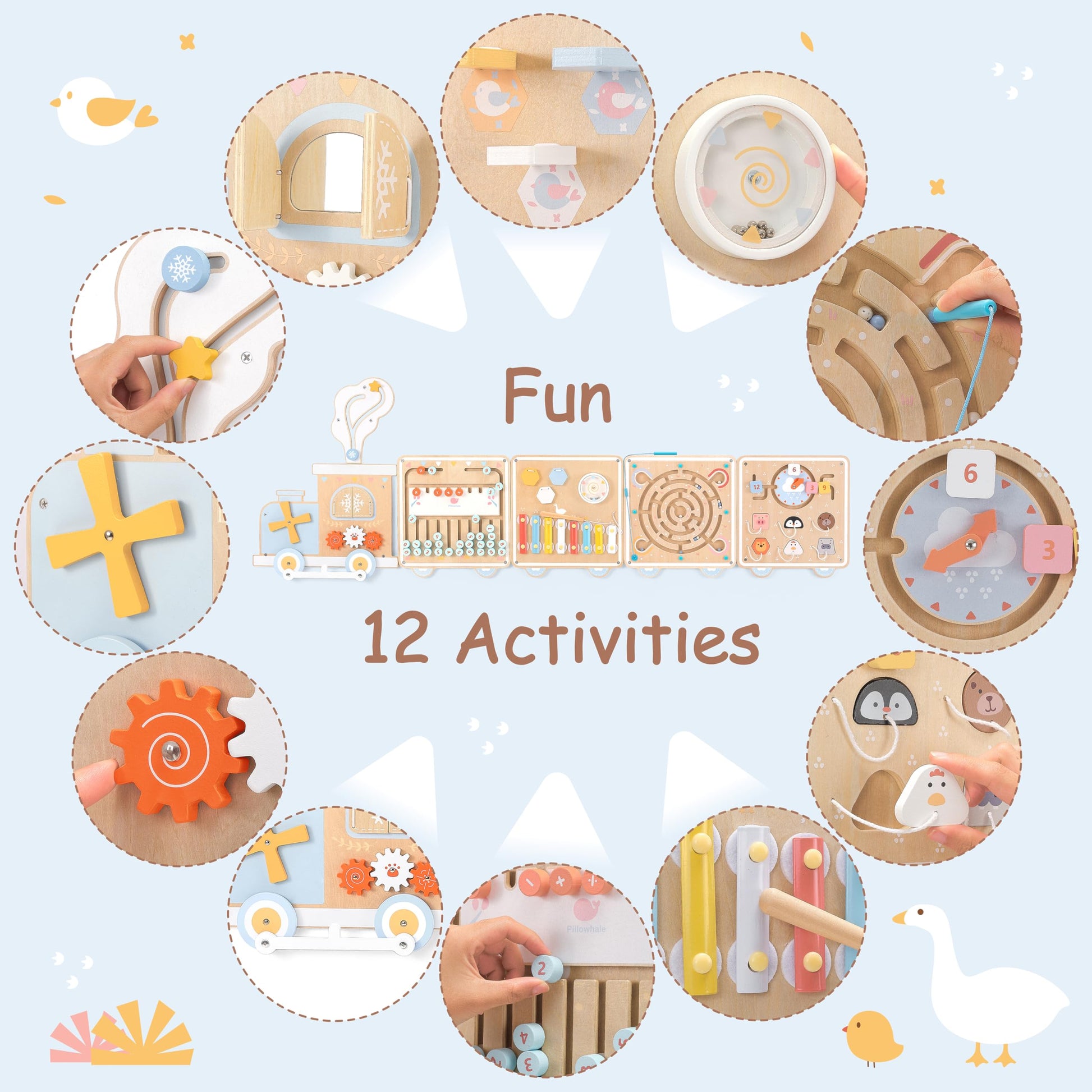 Pillowhale Train Activity Wall Busy Board, Wooden Montessori Sensory Toys, 12-in-1 Learning Activity Center for Playroom,Daycare, Nursery, Classroom