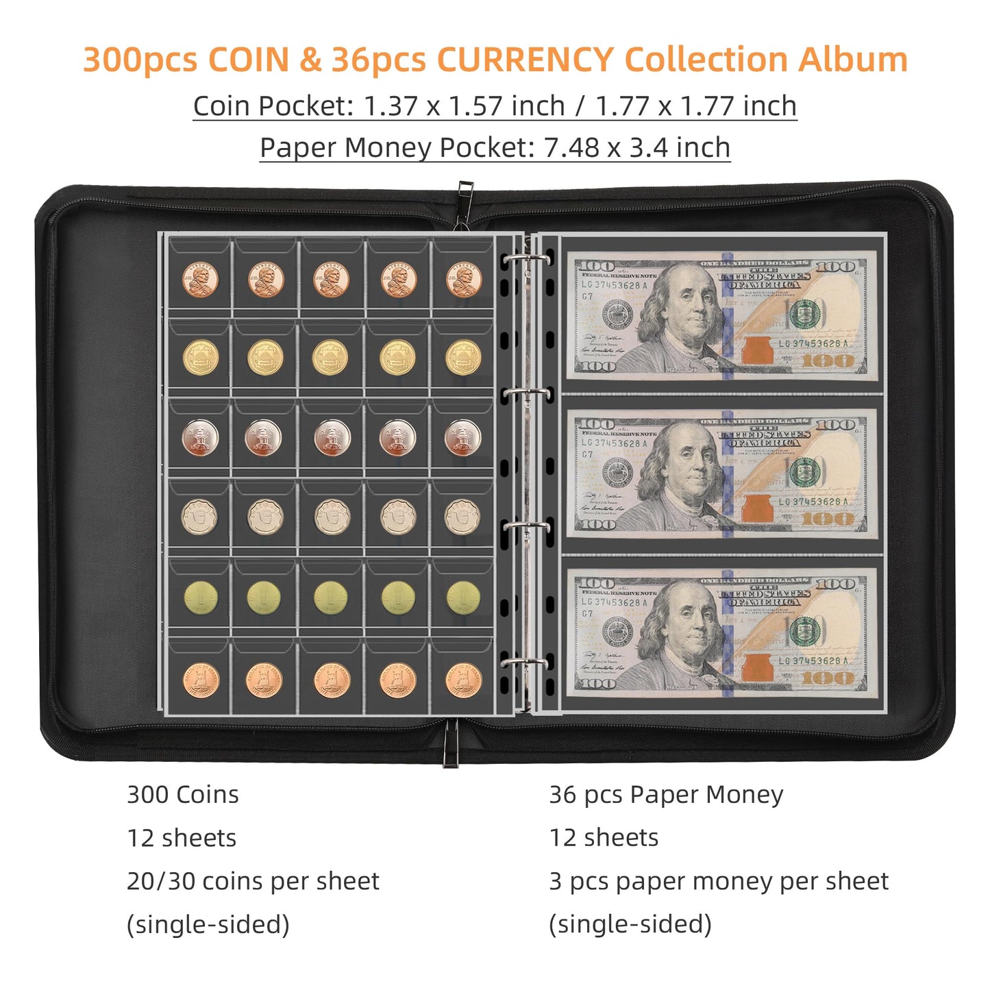 Fireproof Coin Collection Album for Collectors, 300 Pockets Coins Collecting Album & 36 Sleeves Money Storage Case for Coin Currency Collection