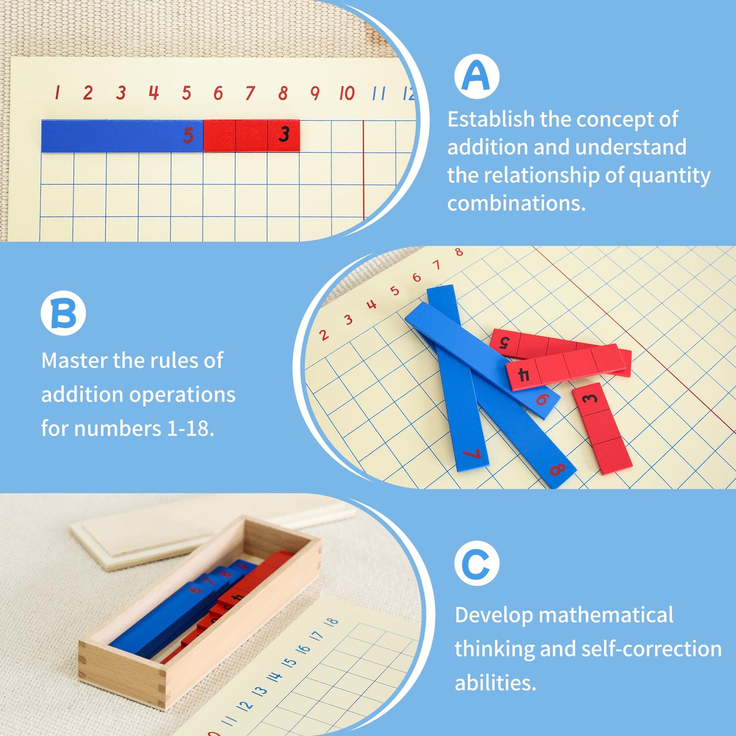 MONTESSORI OUTLET Addition Strip Board for 3-6 Years Montessori Education at School and Home