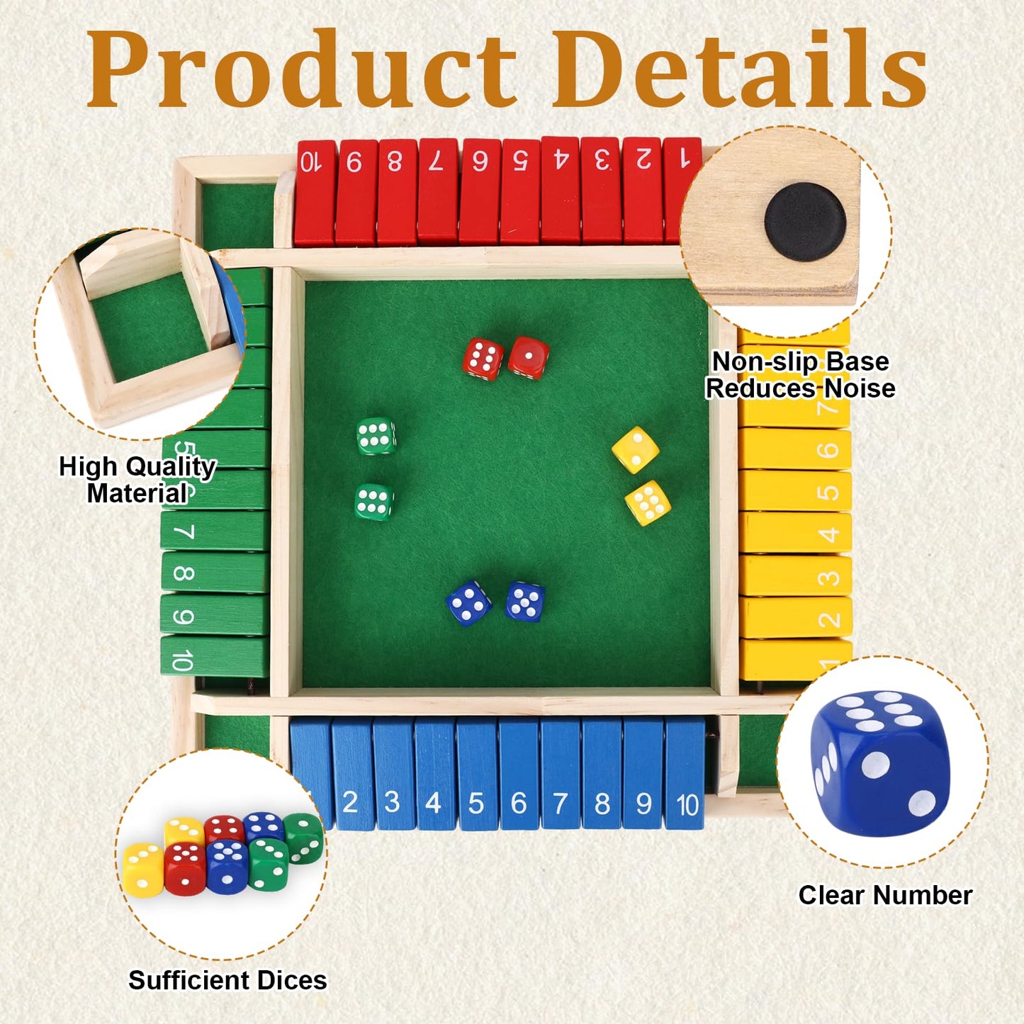 Wewounyl Shut The Box Game Wooden (2-4 Players) with Dices for Classroom, Home, Party and Pub, Math Games Classics 4 Sided Tabletop Version Easy