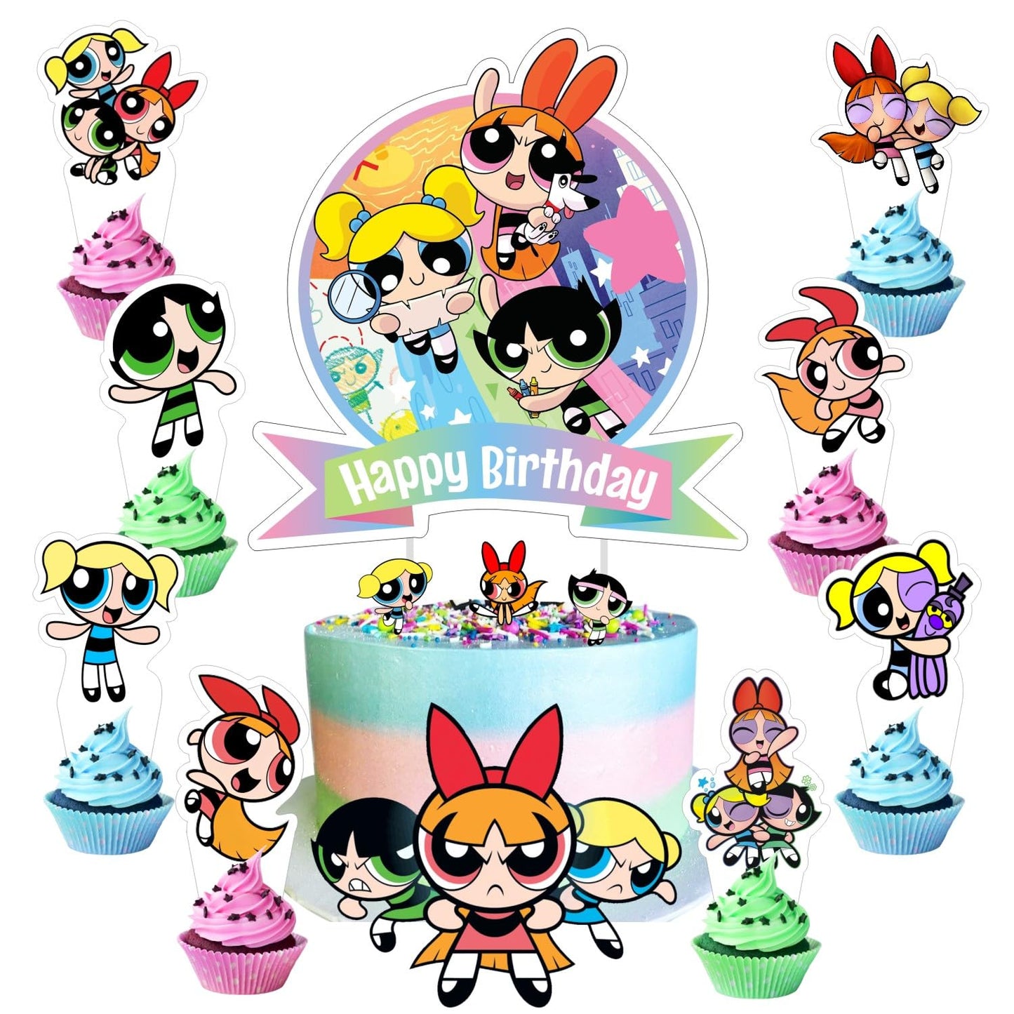25Pcs Power Girls Cake Decorations with 24pcs Cupcake Toppers, 1pcs Cake Topper for Girls Birthday Party Supplies