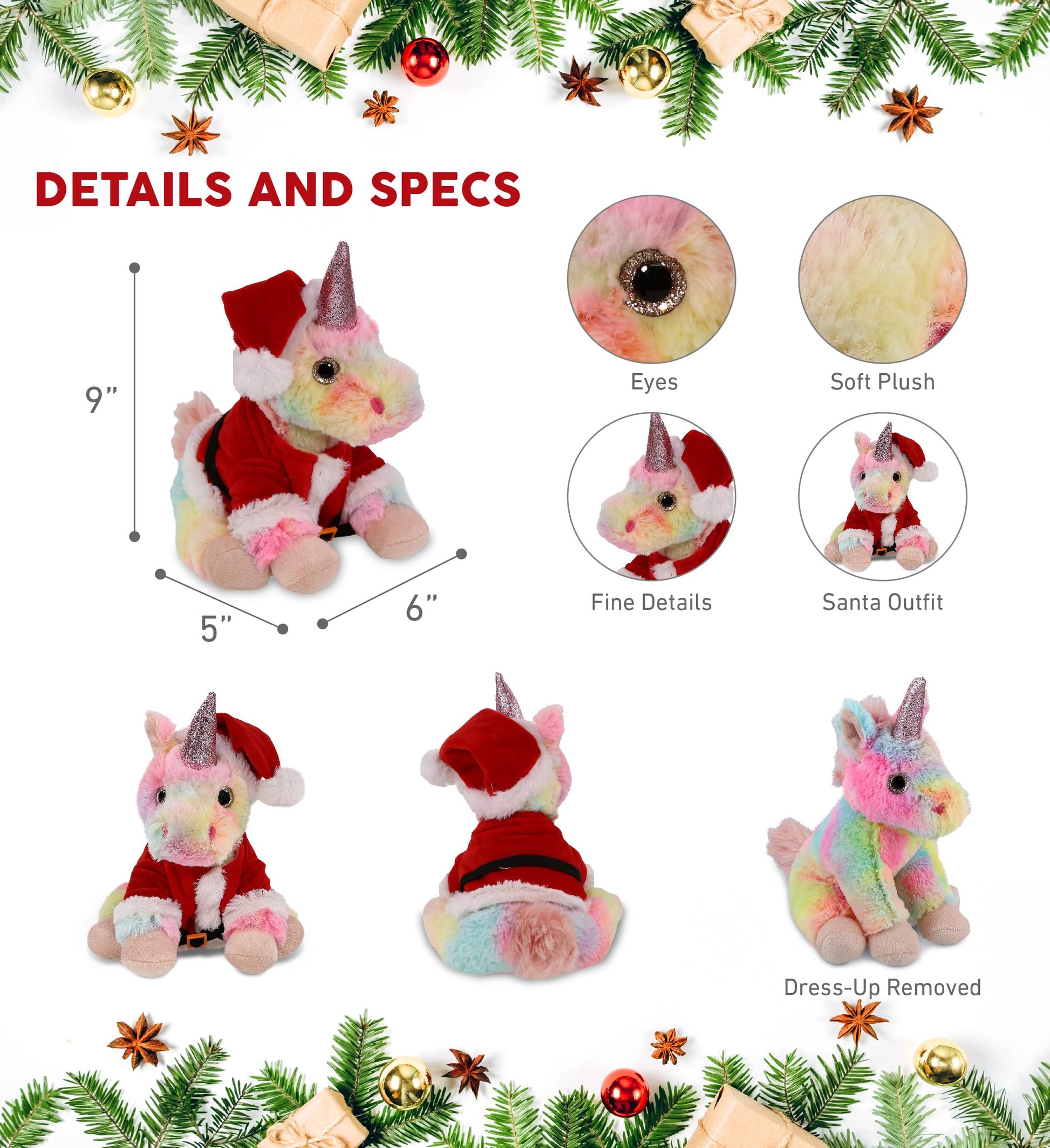 DolliBu Santa Rainbow Unicorn Stuffed Animal Plush Toy - Super Soft Dress Up with Red Santa Claus Outfit, Cute Unicorn Gift Perfect Holiday with Name