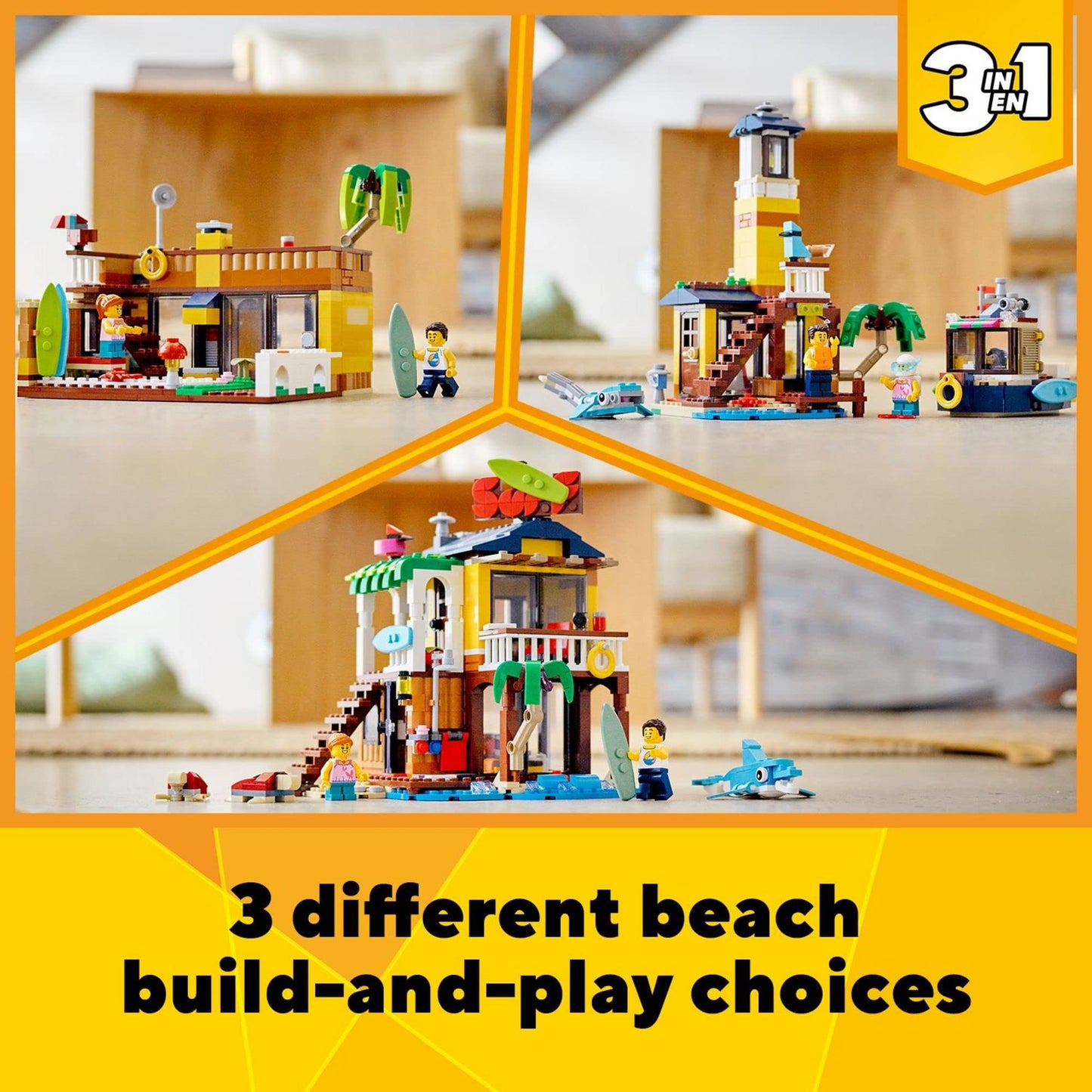 LEGO Creator 3 in 1 Surfer Beach House with 2 Minifigures and Dolphin Figure, Transforms from Surf Shack to Lighthouse to Pool House, Great Building
