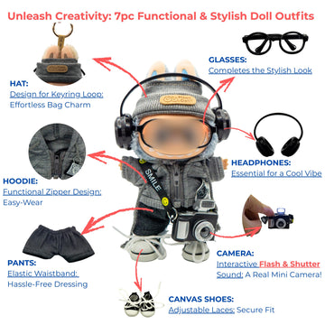 Clothes for 17cm(6.7inch) Labubu, - 7 PCS Street Photographer Outfits for Labubu, Interactive Camera, Zippered Hoodie, Hat, Sneakers, Glasses