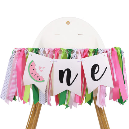 LINLULU Watermelon Highchair Banner, 1st Birthday Decorations for Girl, Fruits Theme, Red, Handmade, Reusable, Photo Prop, 80*8.75 inches