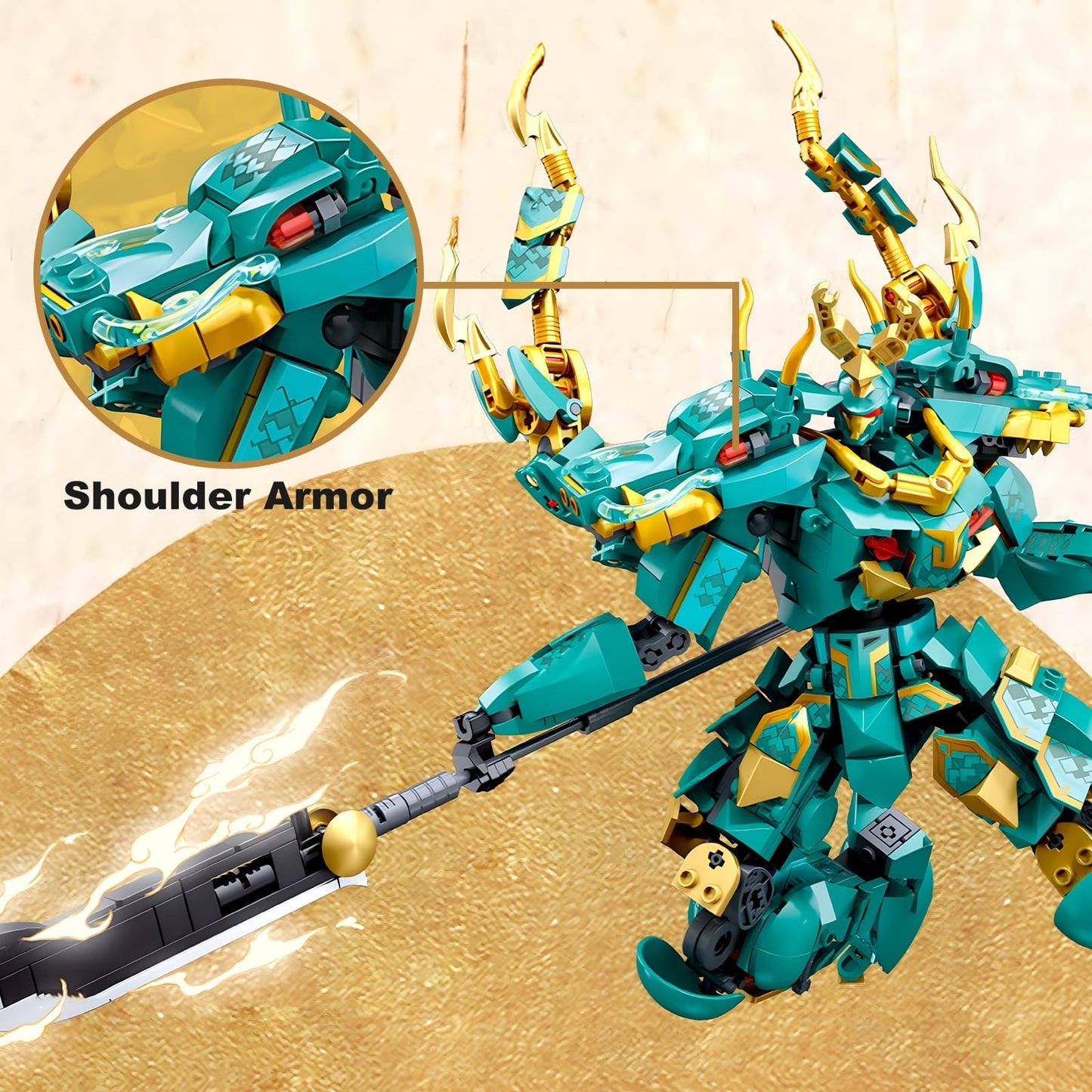 HIGH GODO Mech Robot Building Blocks Set for Adults, Cool Green Dragon Warrior Model Kit with Long Spear Toy Playset, 704 Pieces Collectible Mythical