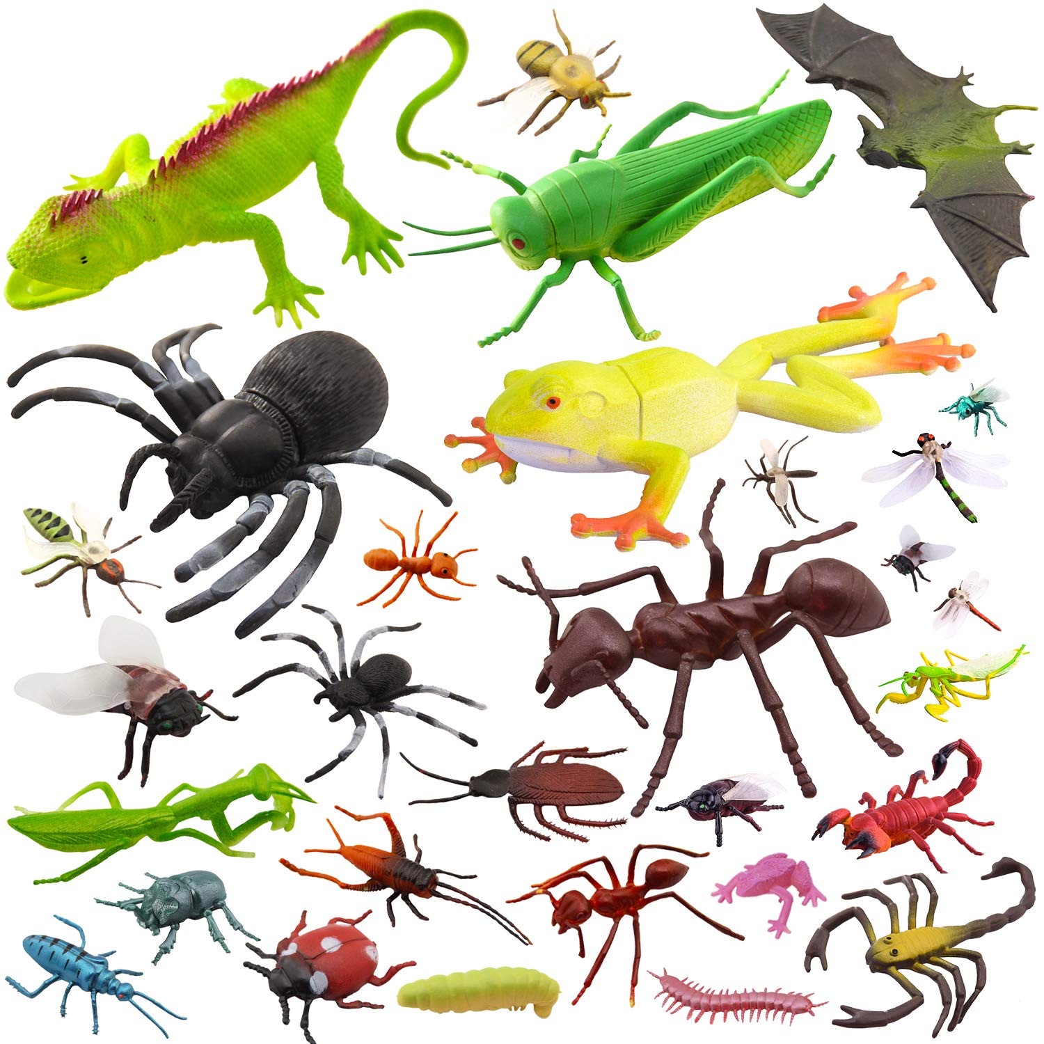 PINOWU 27pcs Bug Toy Figures Playset for Kids Boys, 2-6' Fake Insects - Spiders, Cockroaches, Scorpions, Crickets, Lady Bugs, Butterflies and Worms