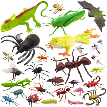 PINOWU 27pcs Bug Toy Figures Playset for Kids Boys, 2-6' Fake Insects - Spiders, Cockroaches, Scorpions, Crickets, Lady Bugs, Butterflies and Worms