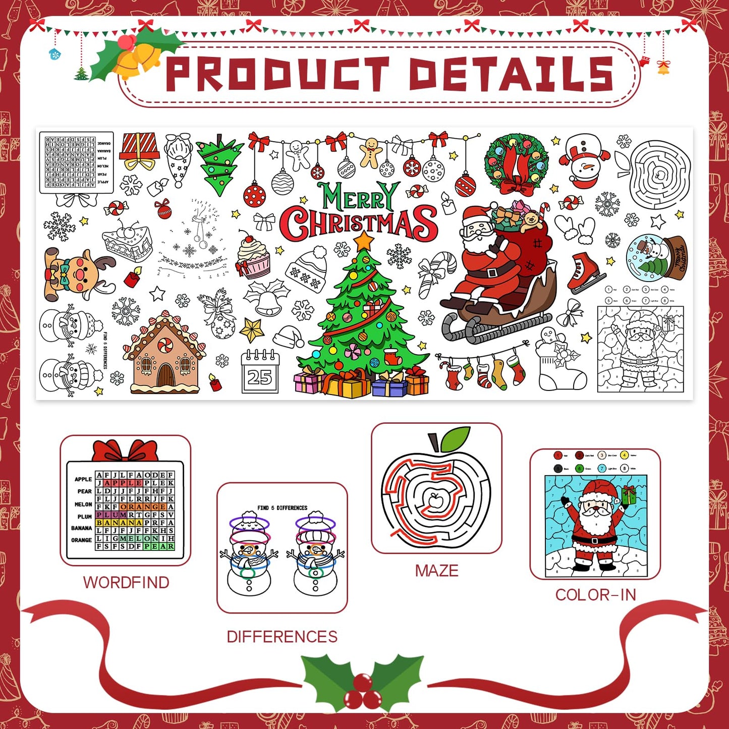 GULWAT Christmas Coloring Poster/Tablecloth 30 x 72 Inches Giant Merry Christmas Party Disposable Coloring Tablecloth for Kids Xmas Paper Favors Xmas